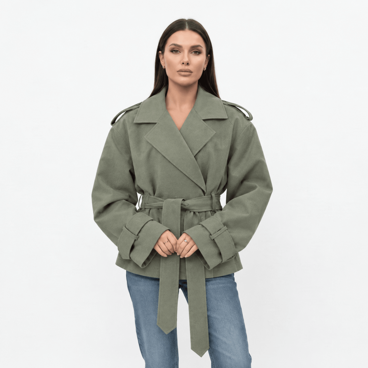 Sophie - Women's Belted Trench Jacket with Notched Lapel Collar - Trench Coats - Green - Davies & Cooper