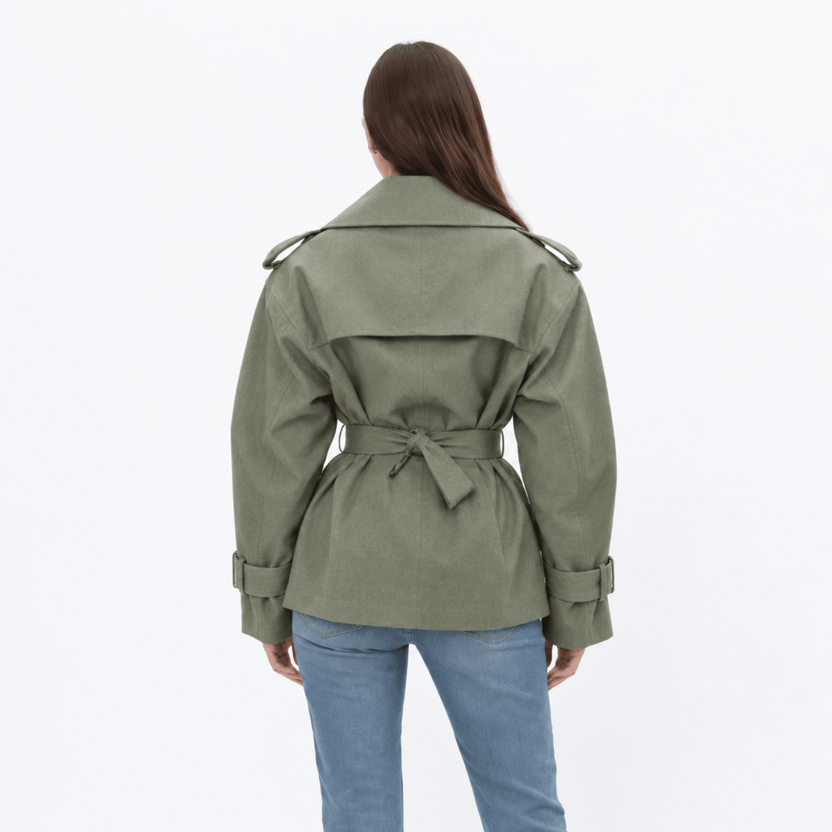 Sophie - Women's Belted Trench Jacket with Notched Lapel Collar - Trench Coats - Green - Davies & Cooper