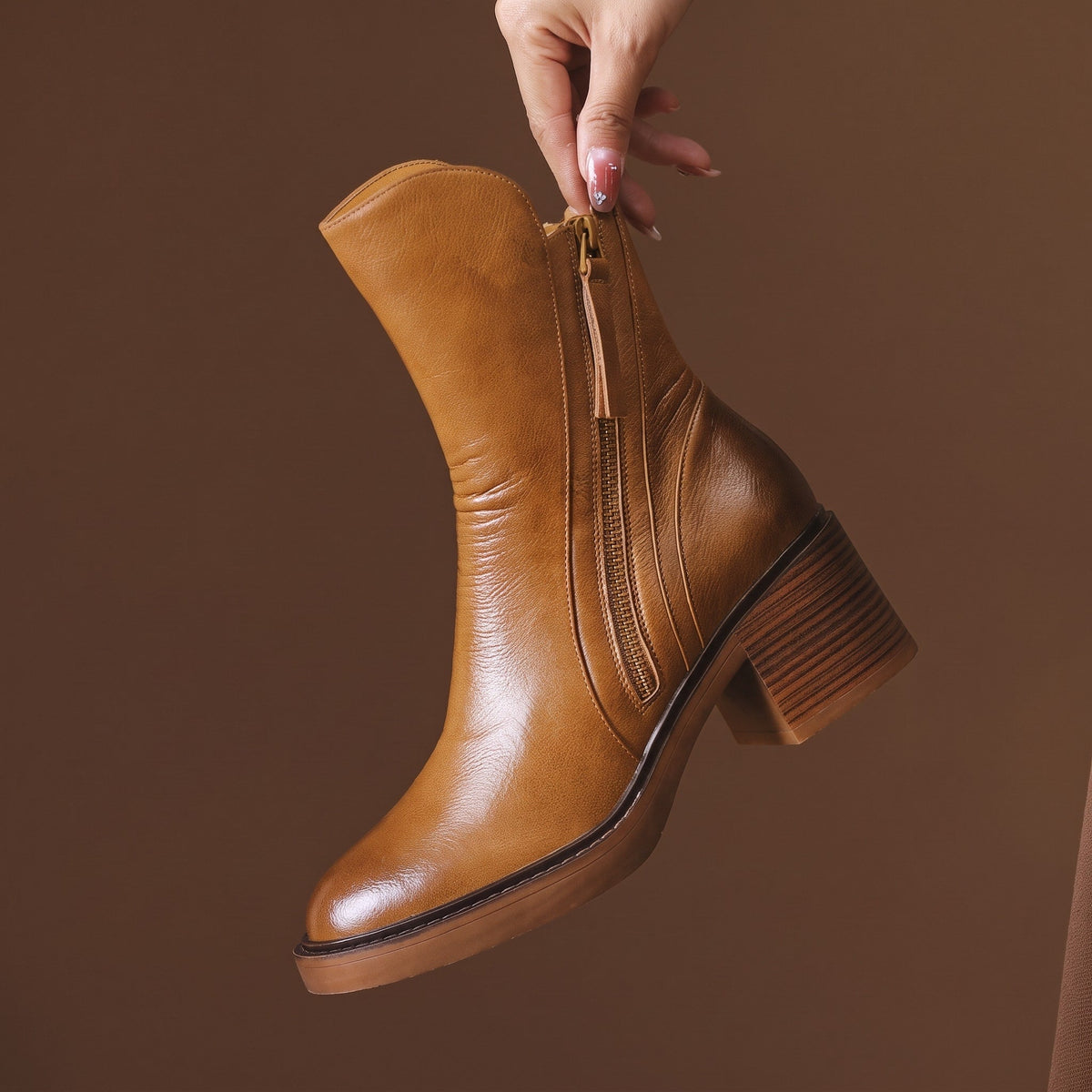 Sophie - Women's Block Heel Ankle Boots with Zip Detail - Boots - Brown - Davies & Cooper