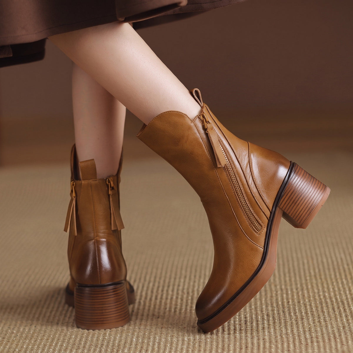 Sophie - Women's Block Heel Ankle Boots with Zip Detail - Boots - Brown - Davies & Cooper