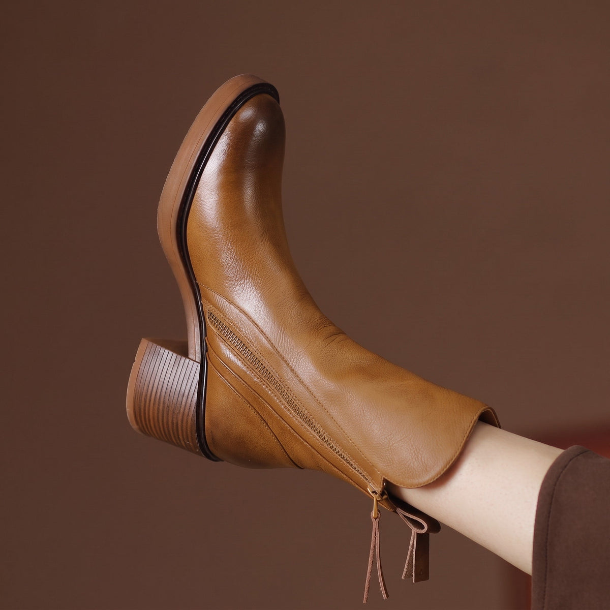 Sophie - Women's Block Heel Ankle Boots with Zip Detail - Boots - Brown - Davies & Cooper