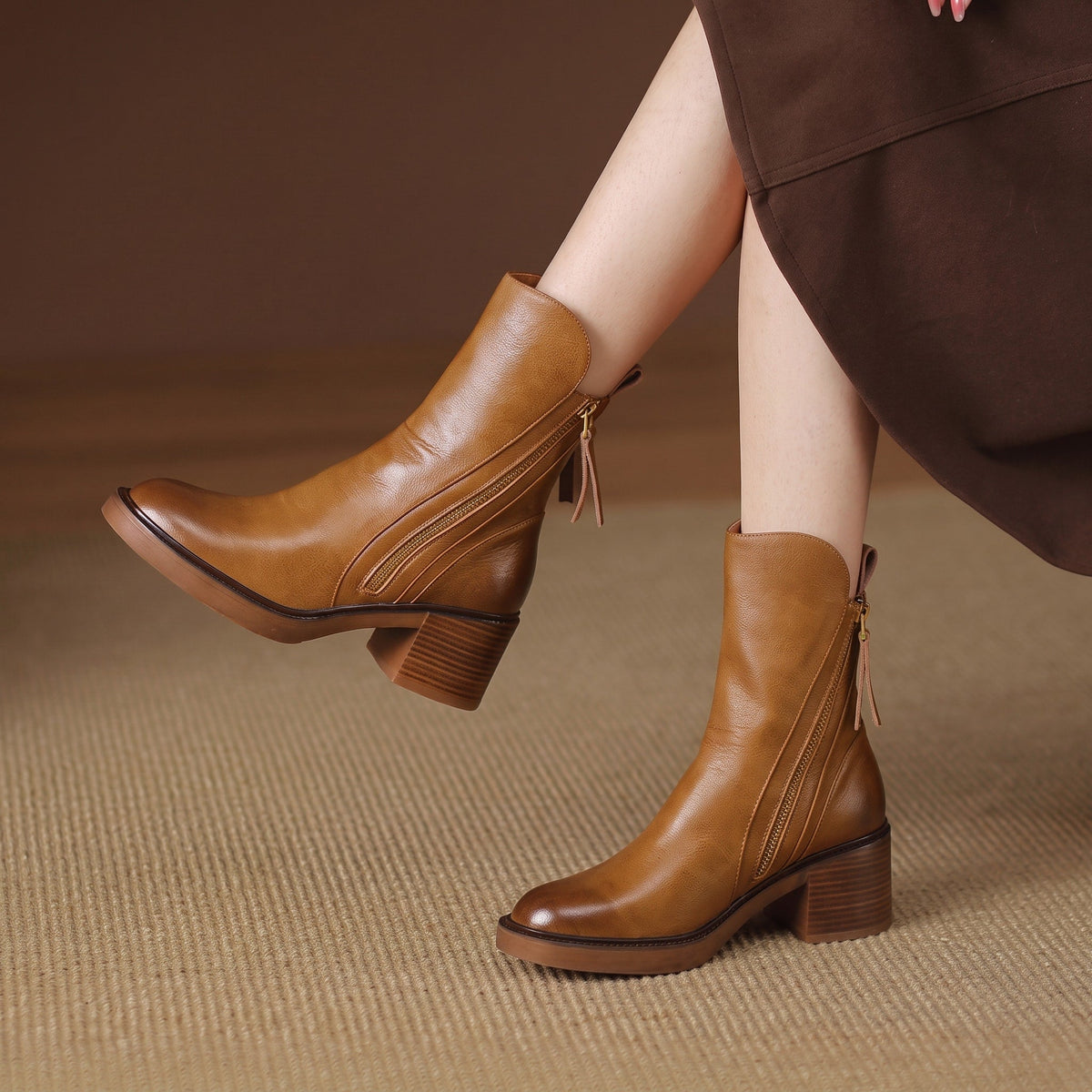 Sophie - Women's Block Heel Ankle Boots with Zip Detail - Boots - Brown - Davies & Cooper