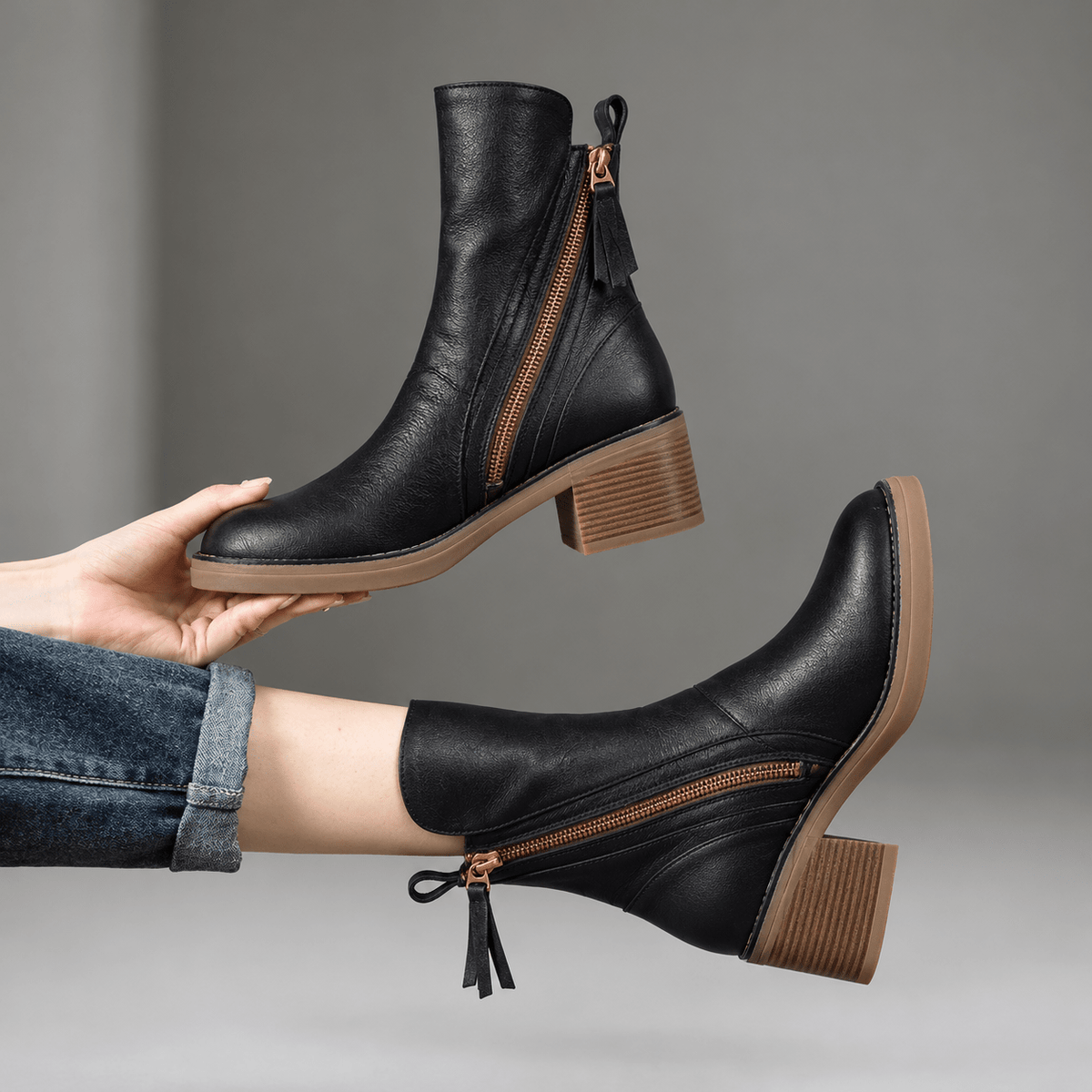 Sophie - Women's Block Heel Ankle Boots with Zip Detail - Boots - Black - Davies & Cooper