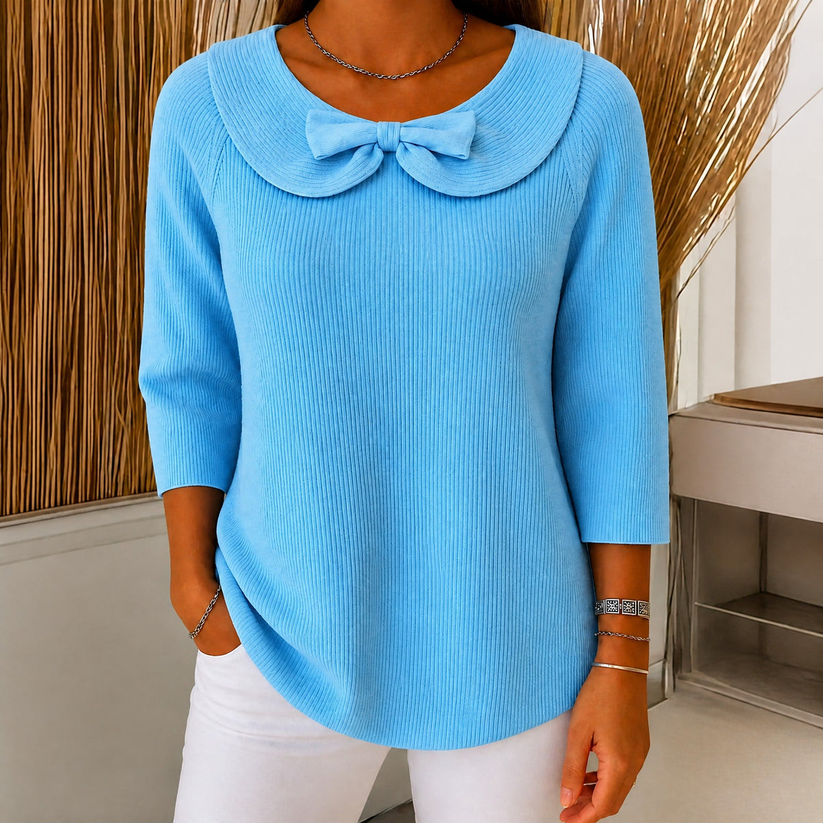 Sophie - Women's Bow-Detail Knitted Jumper with Three-Quarter Sleeves - Sweaters - Blue - Davies & Cooper