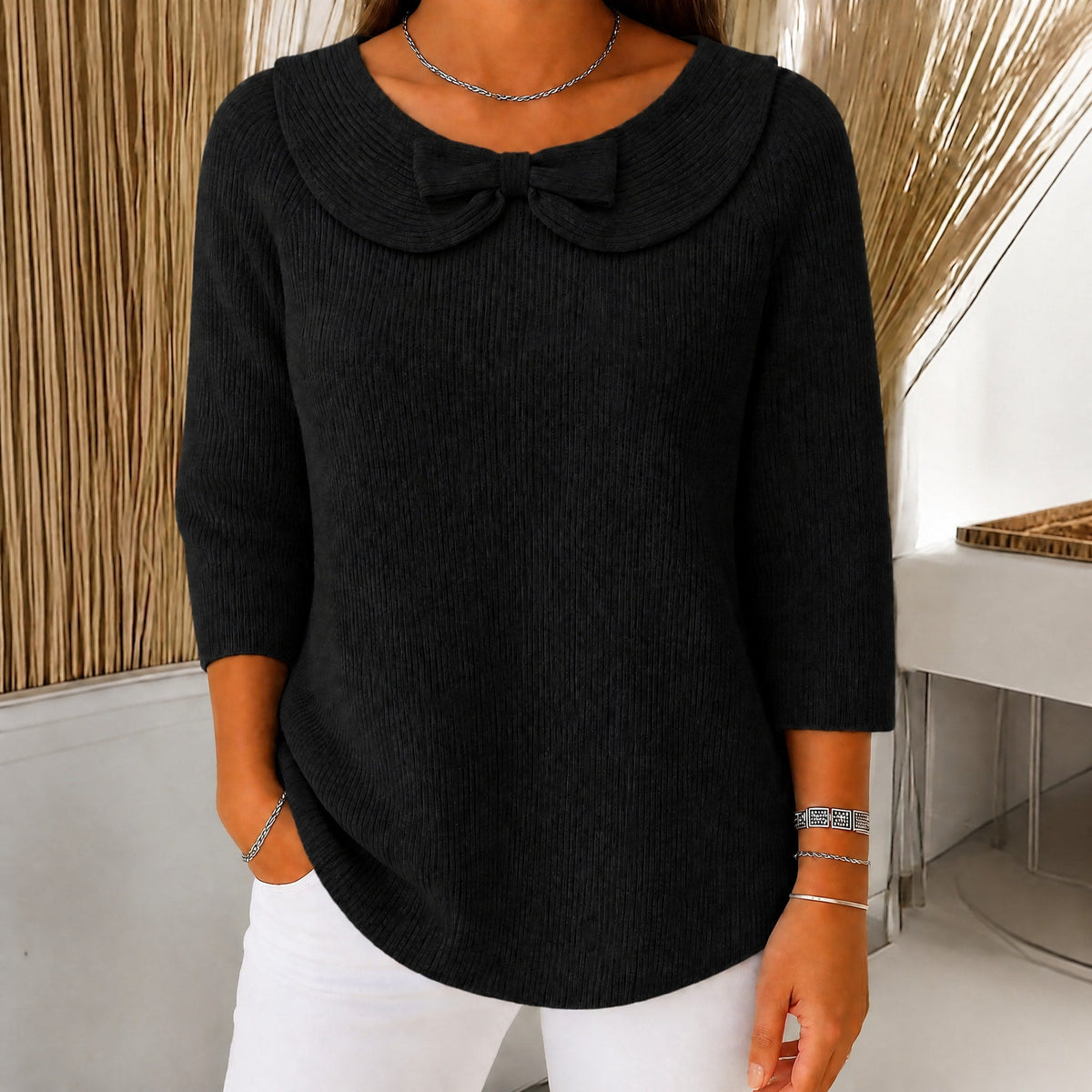 Sophie - Women's Bow-Detail Knitted Jumper with Three-Quarter Sleeves - Sweaters - Black - Davies & Cooper