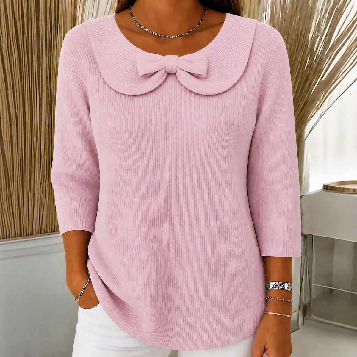 Sophie - Women's Bow-Detail Knitted Jumper with Three-Quarter Sleeves - Sweaters - Pink - Davies & Cooper