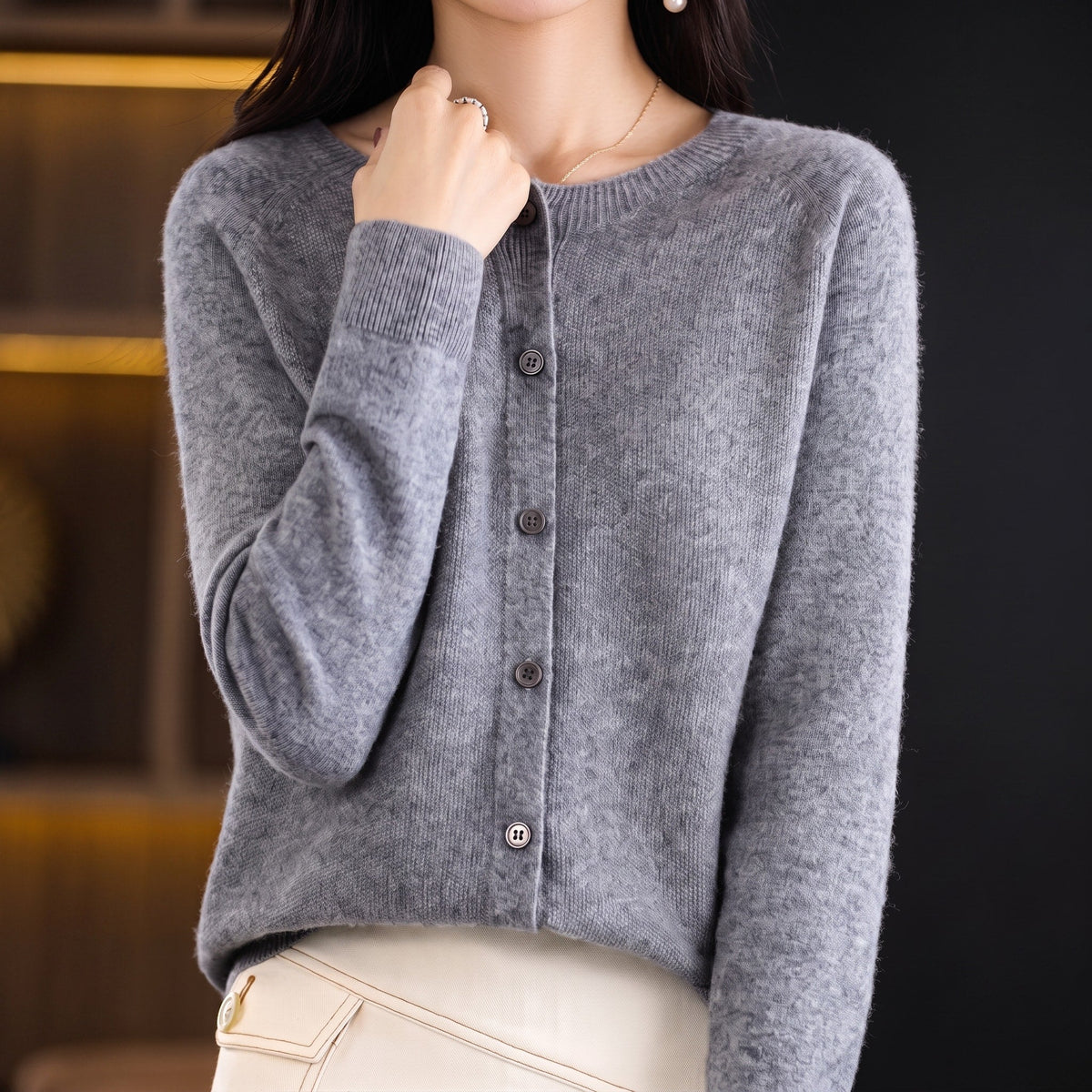 Sophie - Women's Button-Front Knit Cardigan with Crew Neck - Cardigans - Grey - Davies & Cooper