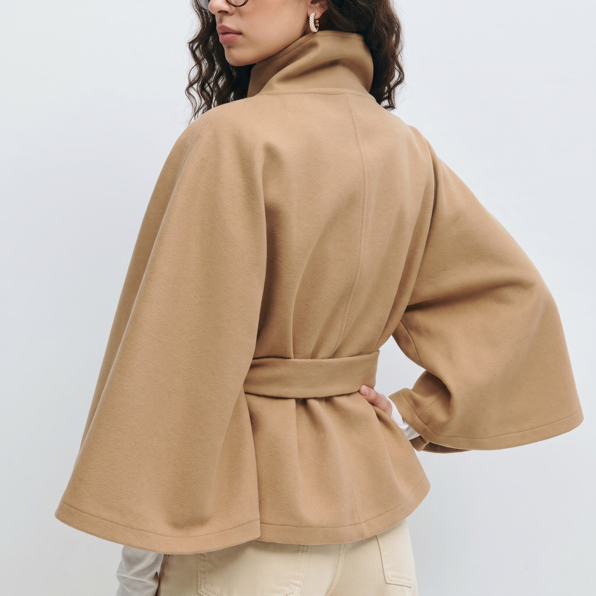 Sophie - Women's Cape Coat with High Collar and Tie Belt - Capes - Brown - Davies & Cooper