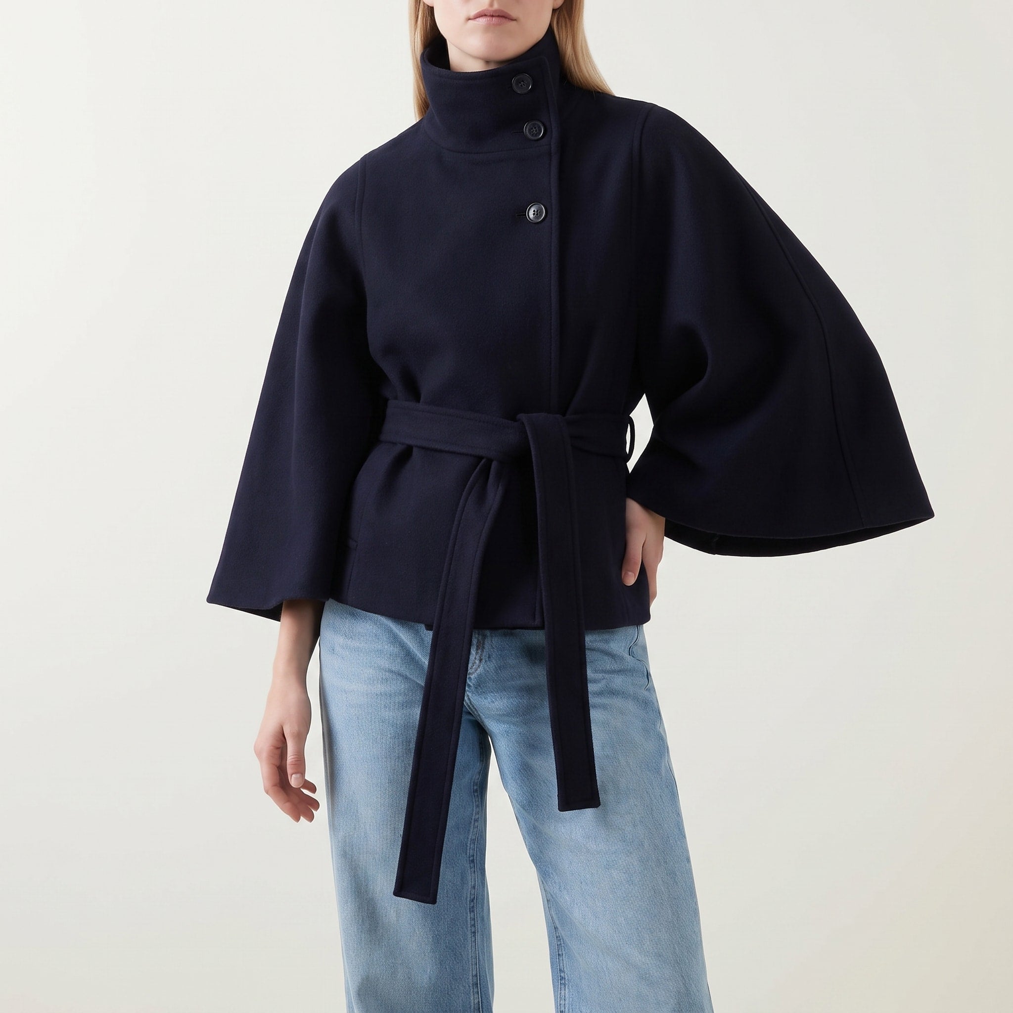 Sophie - Women's Cape Coat with High Collar and Tie Belt - Capes - Blue - Davies & Cooper