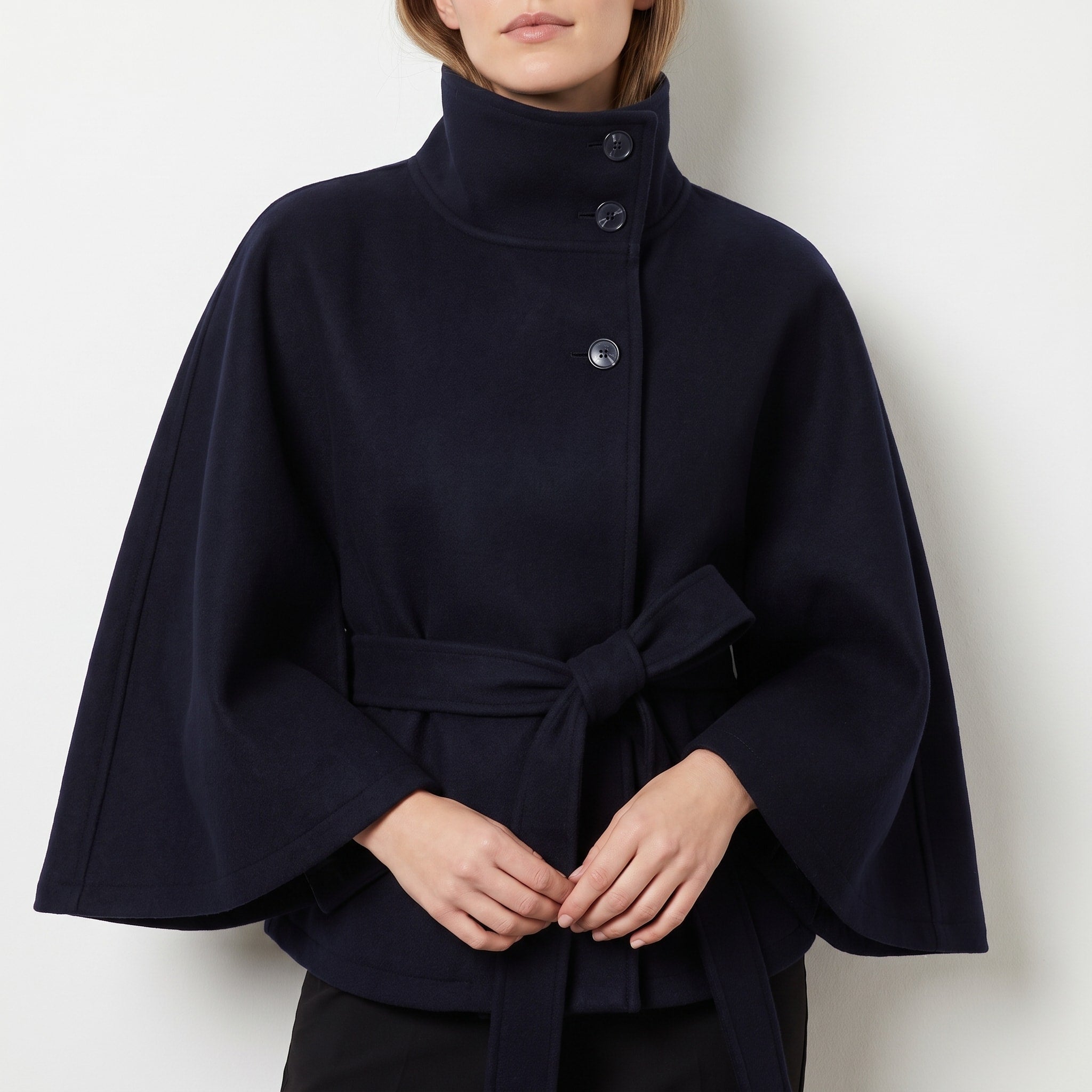 Sophie - Women's Cape Coat with High Collar and Tie Belt - Capes - Blue - Davies & Cooper