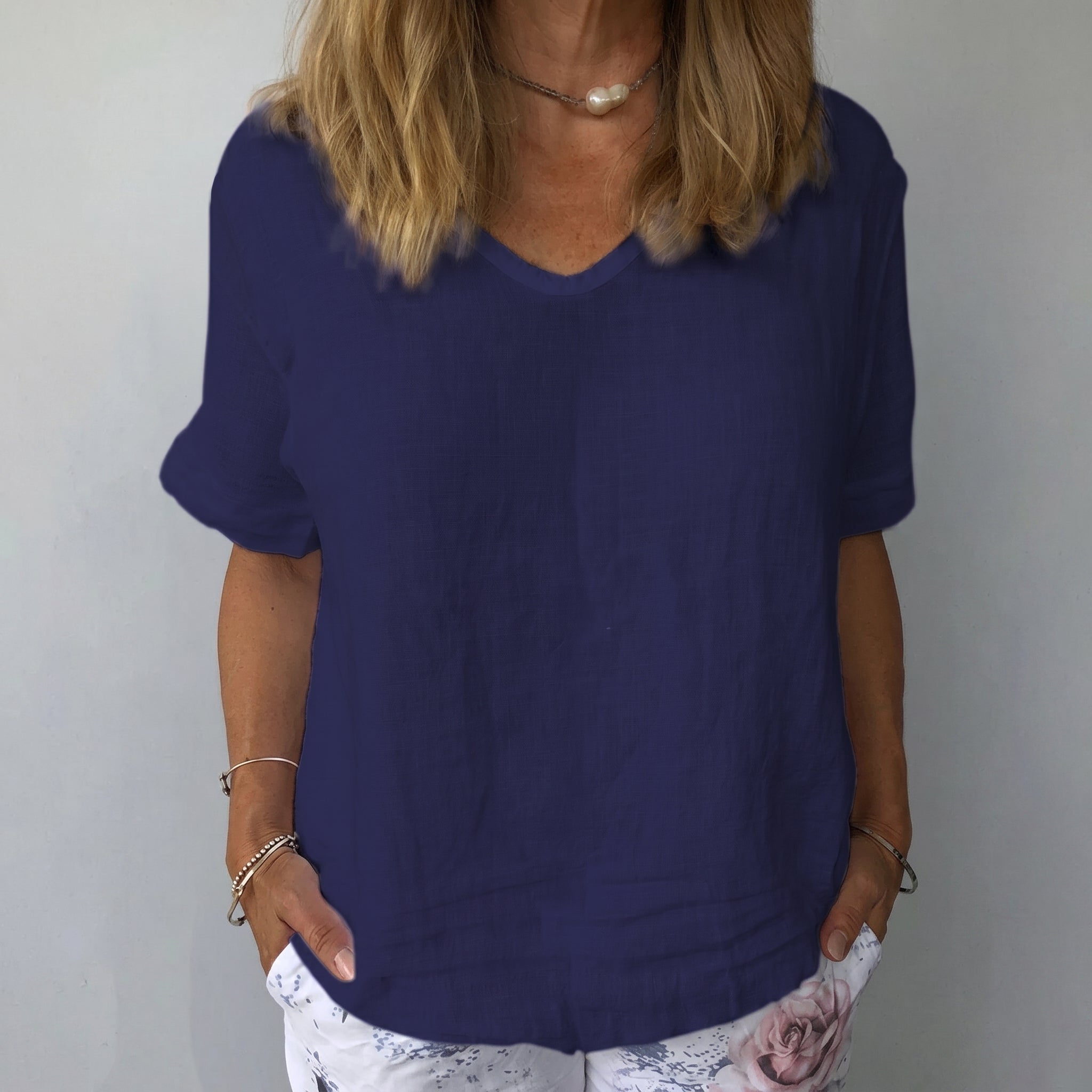 Sophie - Women's Casual Plain Relaxed Fit Blouse - Blouse - Navy Blue - Davies & Cooper