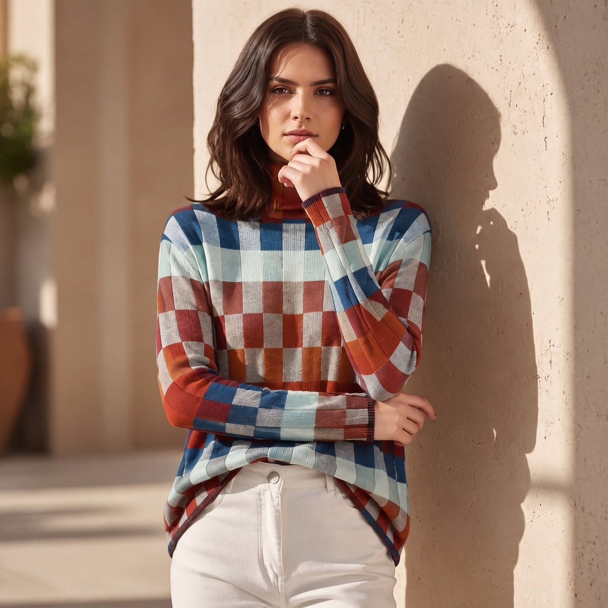 Sophie - Women's Checkered Turtleneck Knit Jumper with Ribbed Cuffs - Sweaters - Red - Davies & Cooper