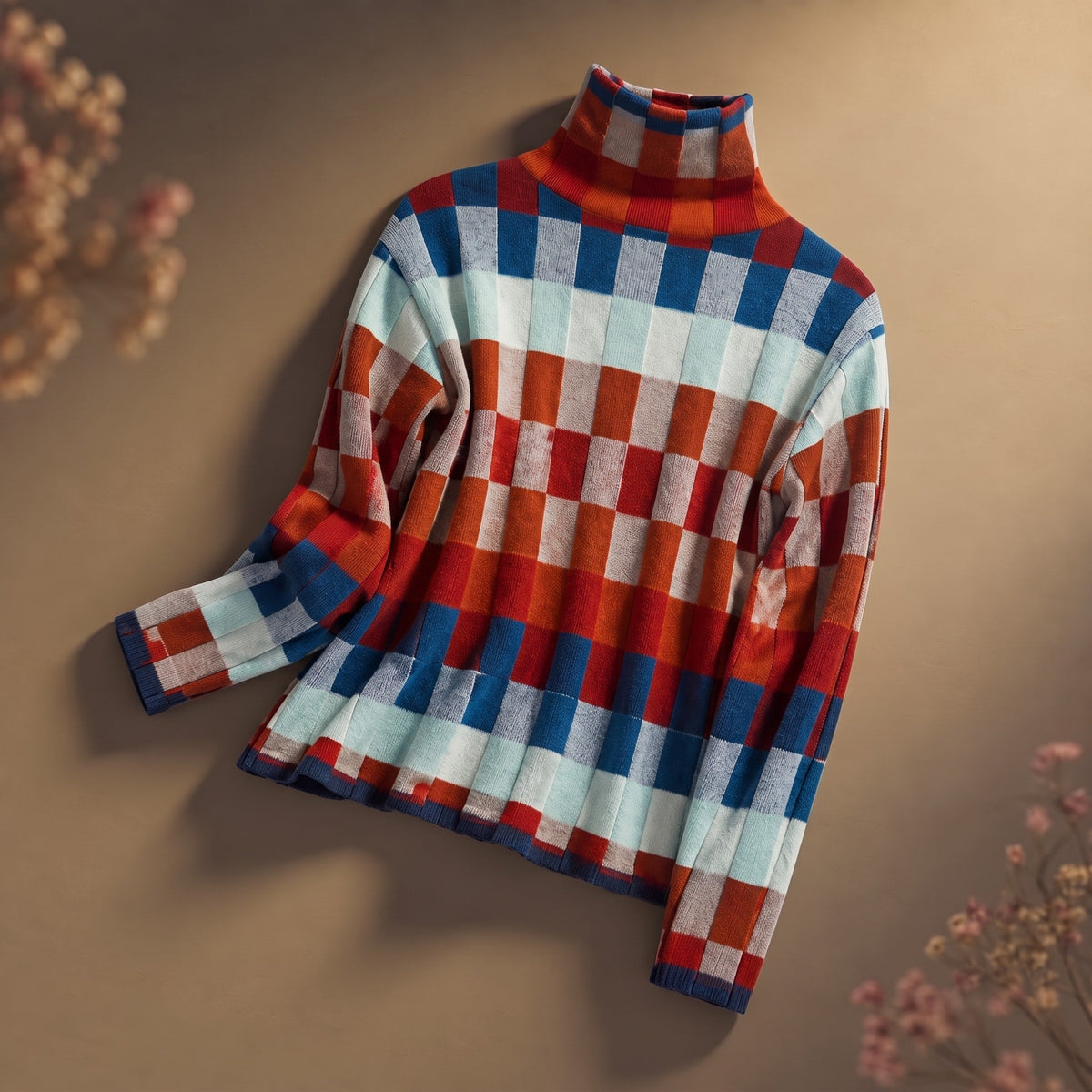 Sophie - Women's Checkered Turtleneck Knit Jumper with Ribbed Cuffs - Sweaters - Red - Davies & Cooper