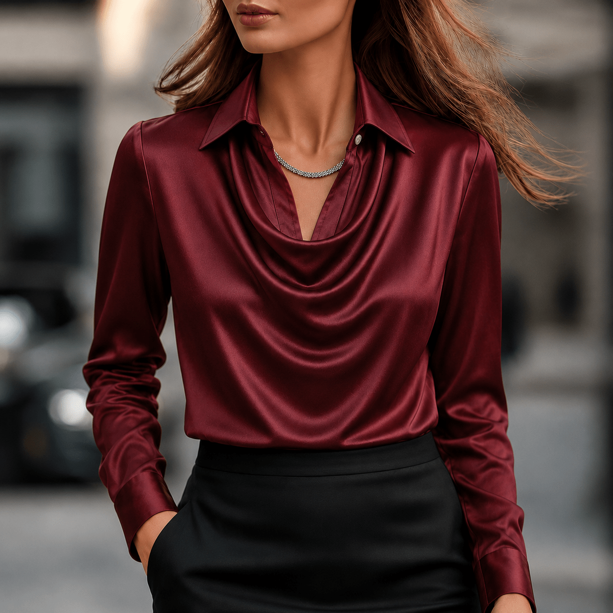 Sophie - Women's Cowl Neck Long Sleeve Blouse - Blouses - Burgundy - Davies & Cooper