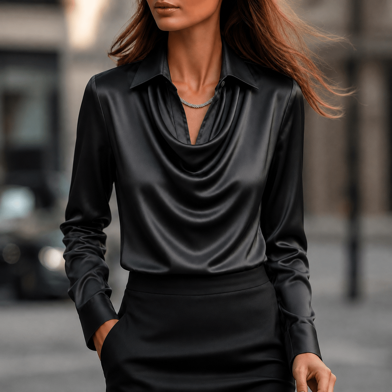 Sophie - Women's Cowl Neck Long Sleeve Blouse - Blouses - Black - Davies & Cooper