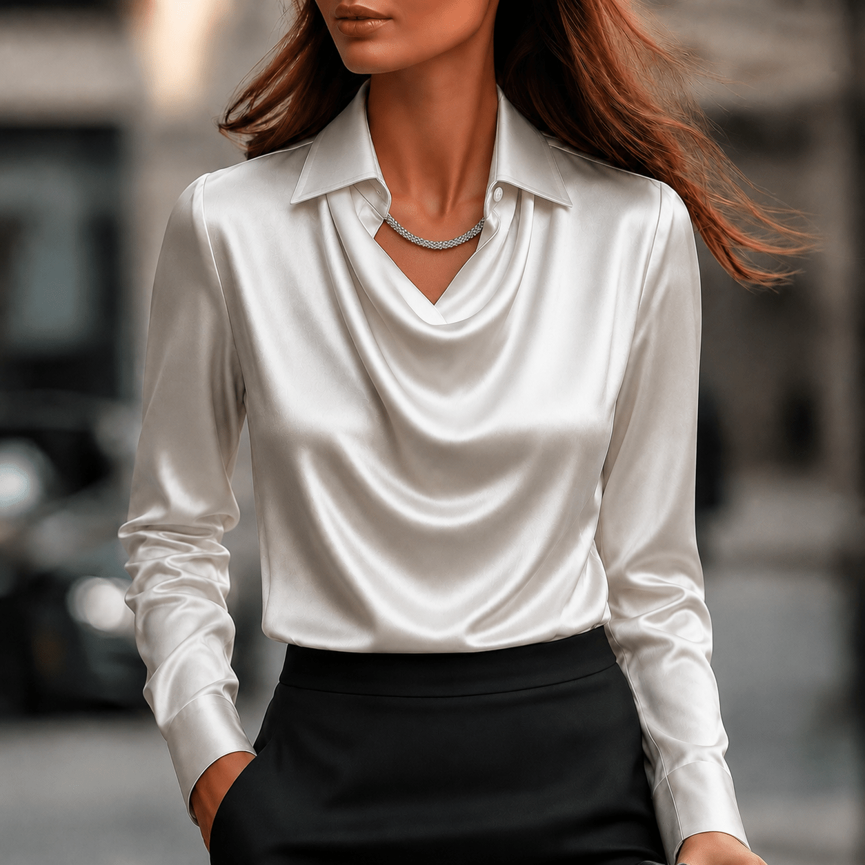 Sophie - Women's Cowl Neck Long Sleeve Blouse - Blouses - White - Davies & Cooper