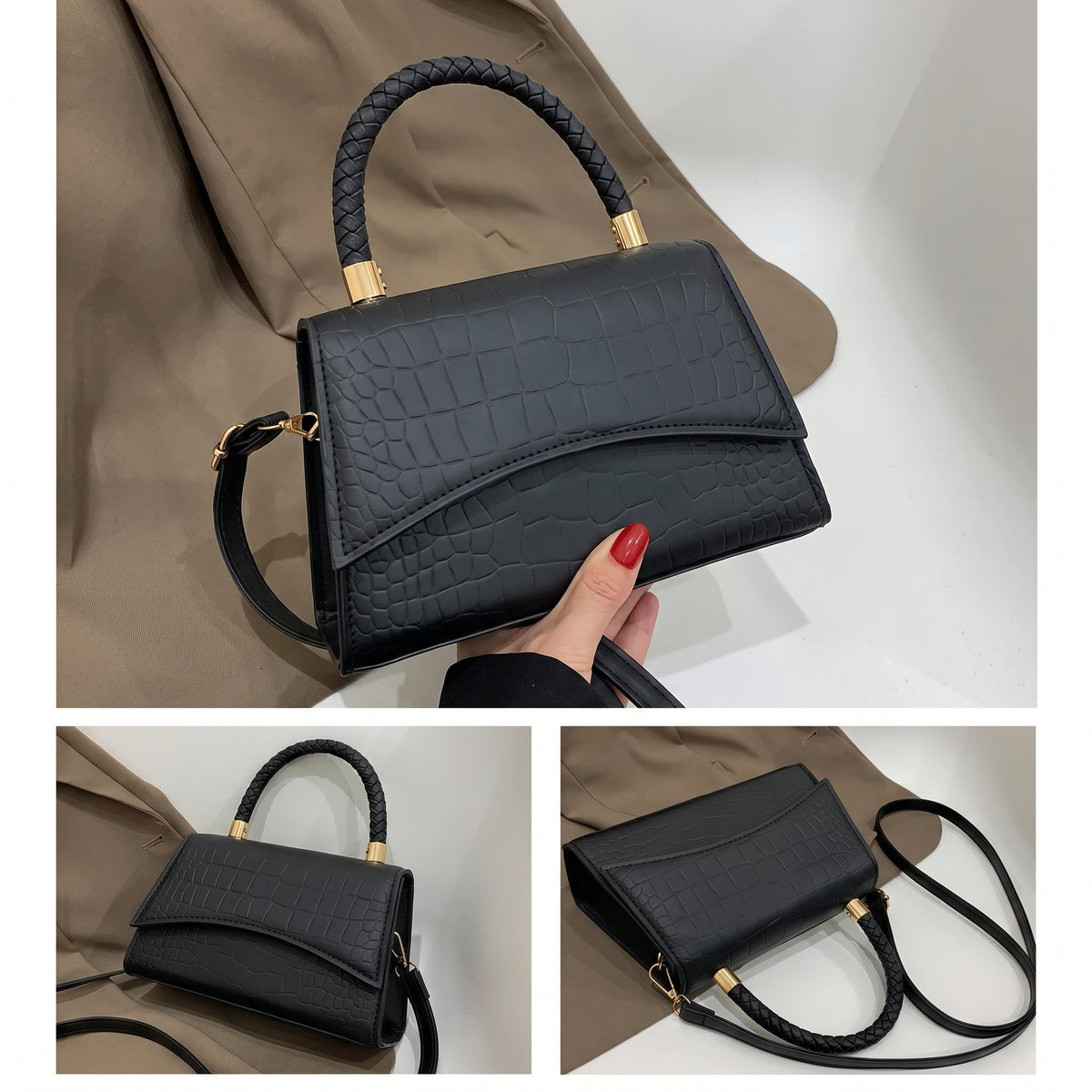 Sophie - Women's Croc-Effect Top Handle Handbag with Woven Handle - Cross Body Bags - Black - Davies & Cooper