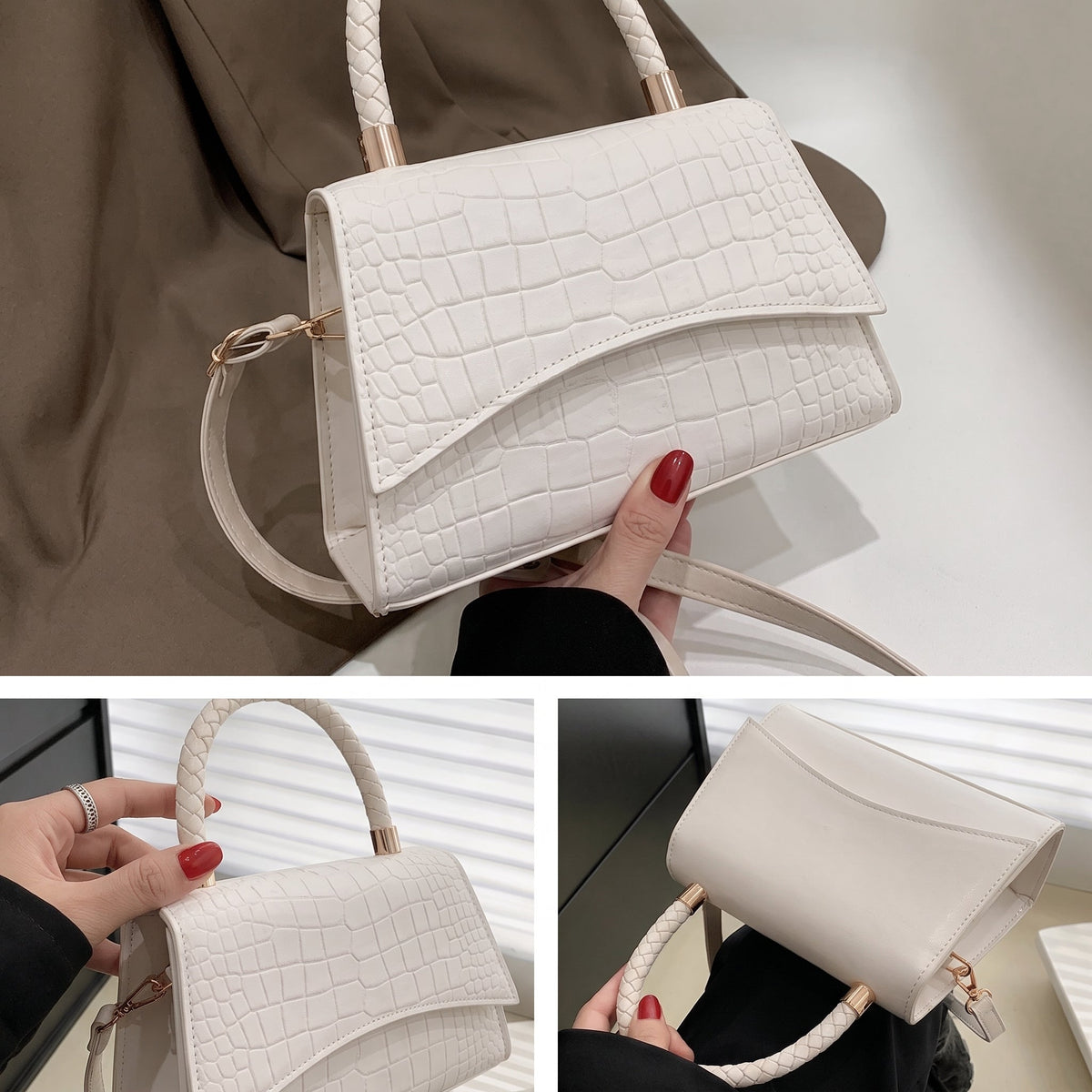Sophie - Women's Croc-Effect Top Handle Handbag with Woven Handle - Cross Body Bags - Beige - Davies & Cooper