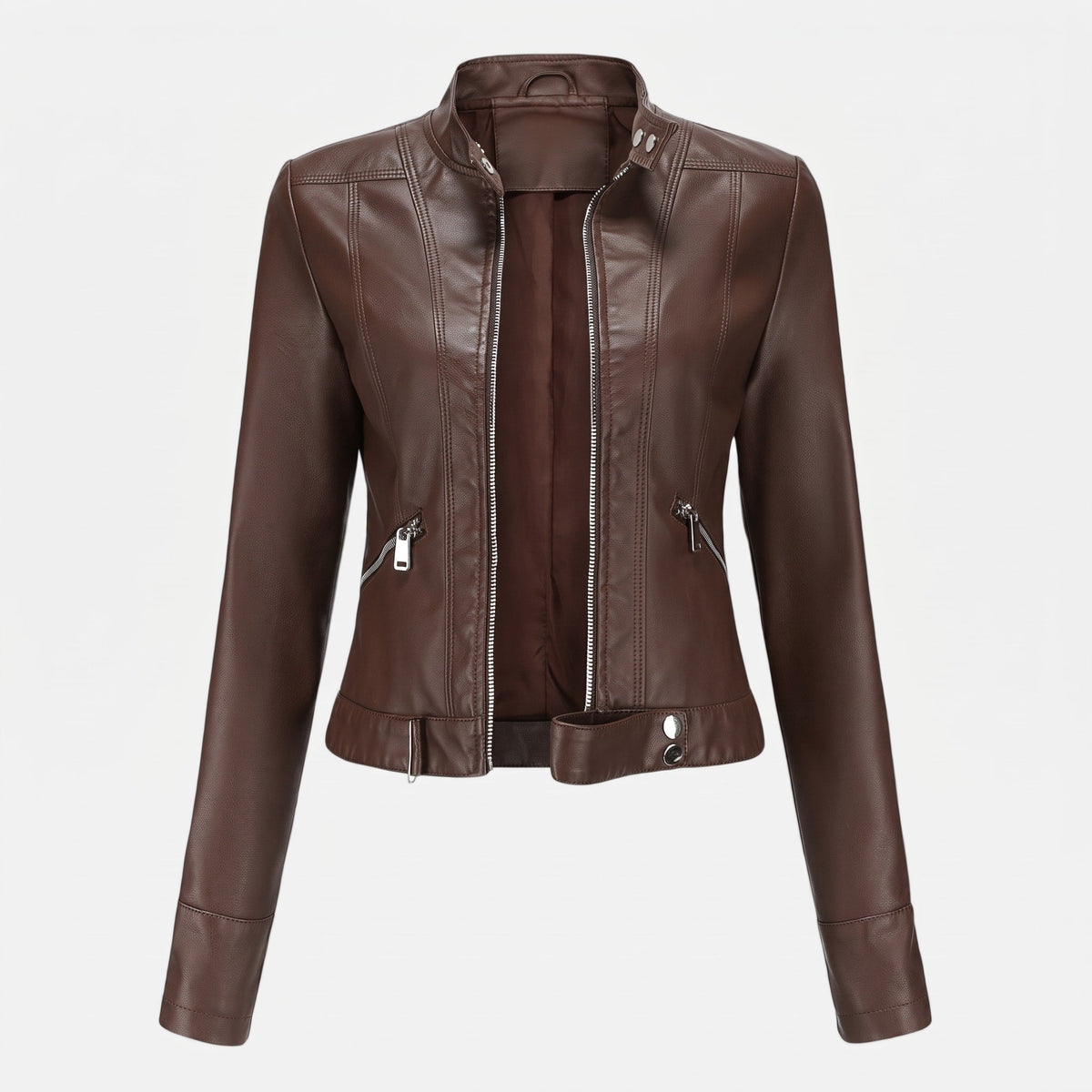 Sophie - Women's Cropped Biker Jacket with Zip Pockets - Motorcycle Outerwear - Brown - Davies & Cooper