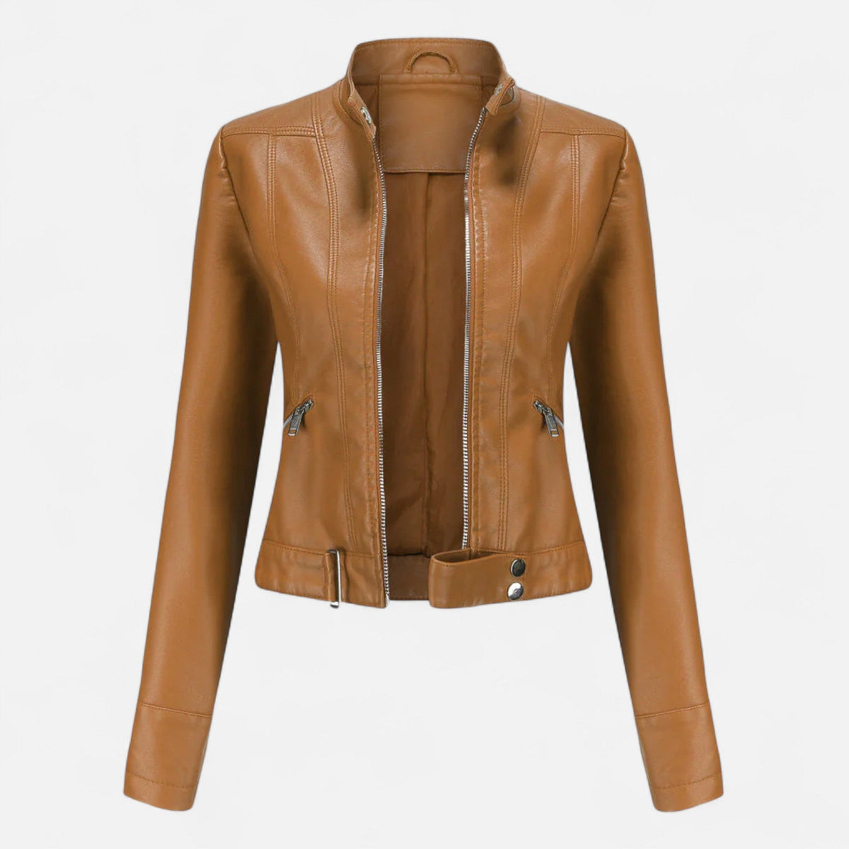 Sophie - Women's Cropped Biker Jacket with Zip Pockets - Motorcycle Outerwear - Camel - Davies & Cooper