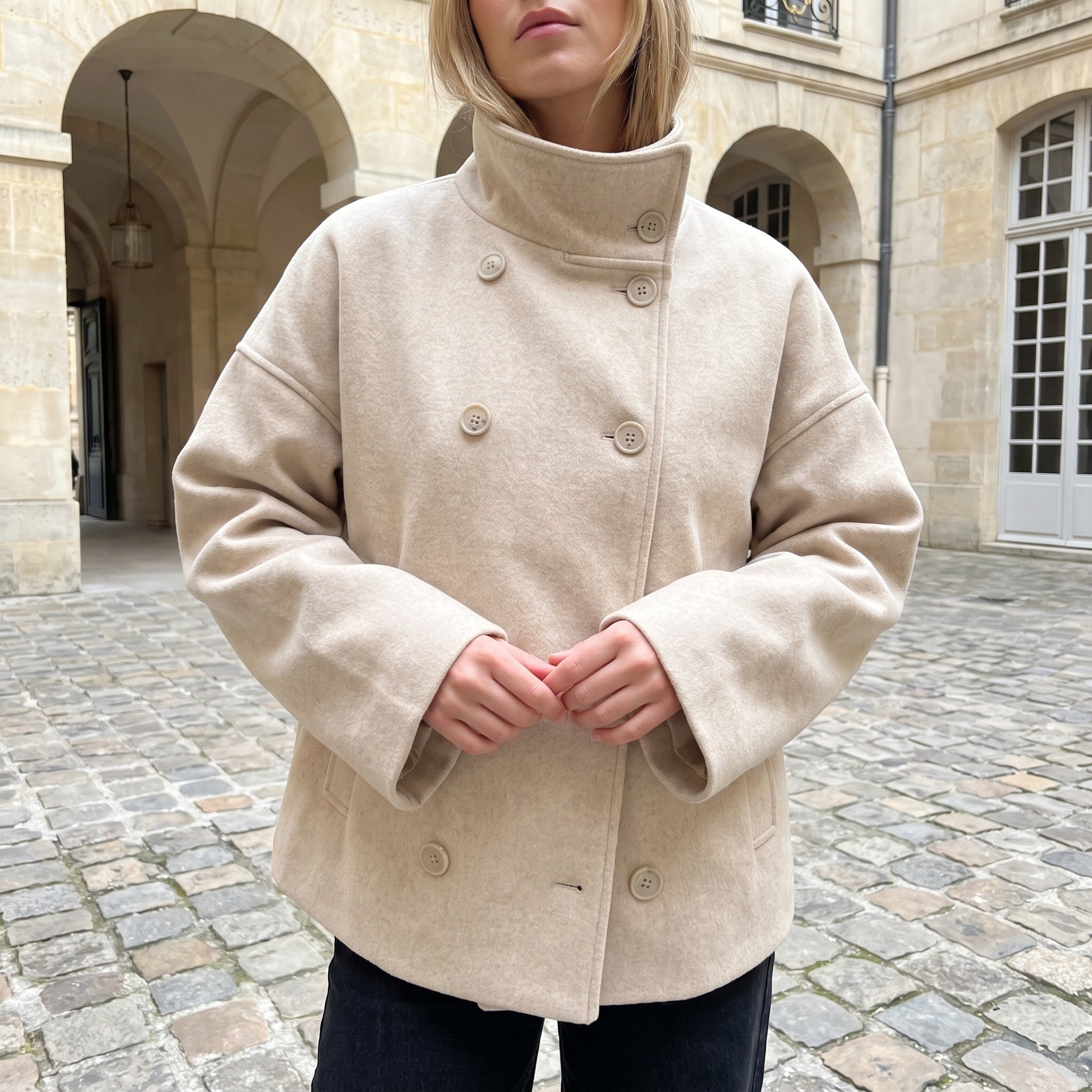 Sophie - Women's Cropped Pea Jacket with Stand Collar - Pea Coats - White - Davies & Cooper
