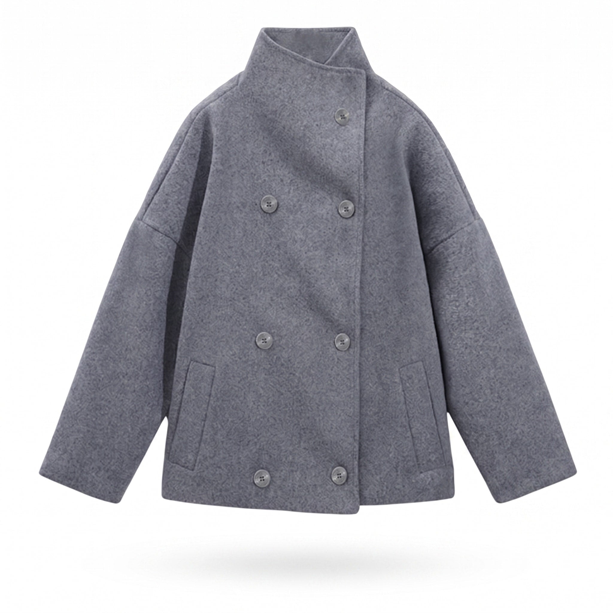 Sophie - Women's Cropped Pea Jacket with Stand Collar - Pea Coats - Grey - Davies & Cooper