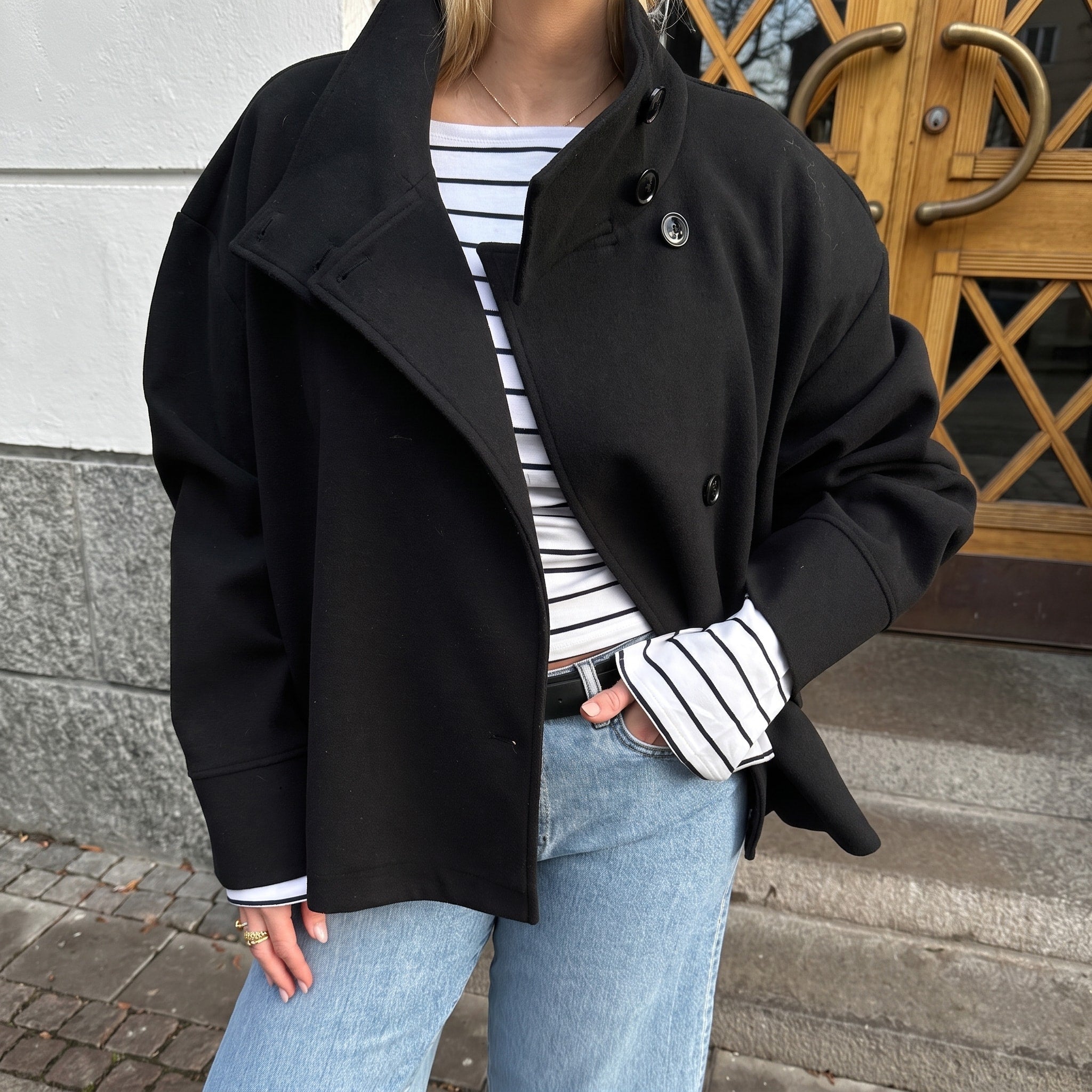 Sophie - Women's Cropped Pea Jacket with Stand Collar - Pea Coats - Black - Davies & Cooper