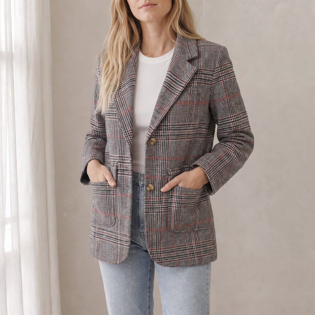 Sophie - Women's Double-Breasted Checked Blazer with Notch Lapel - Blazers - Brown - Davies & Cooper