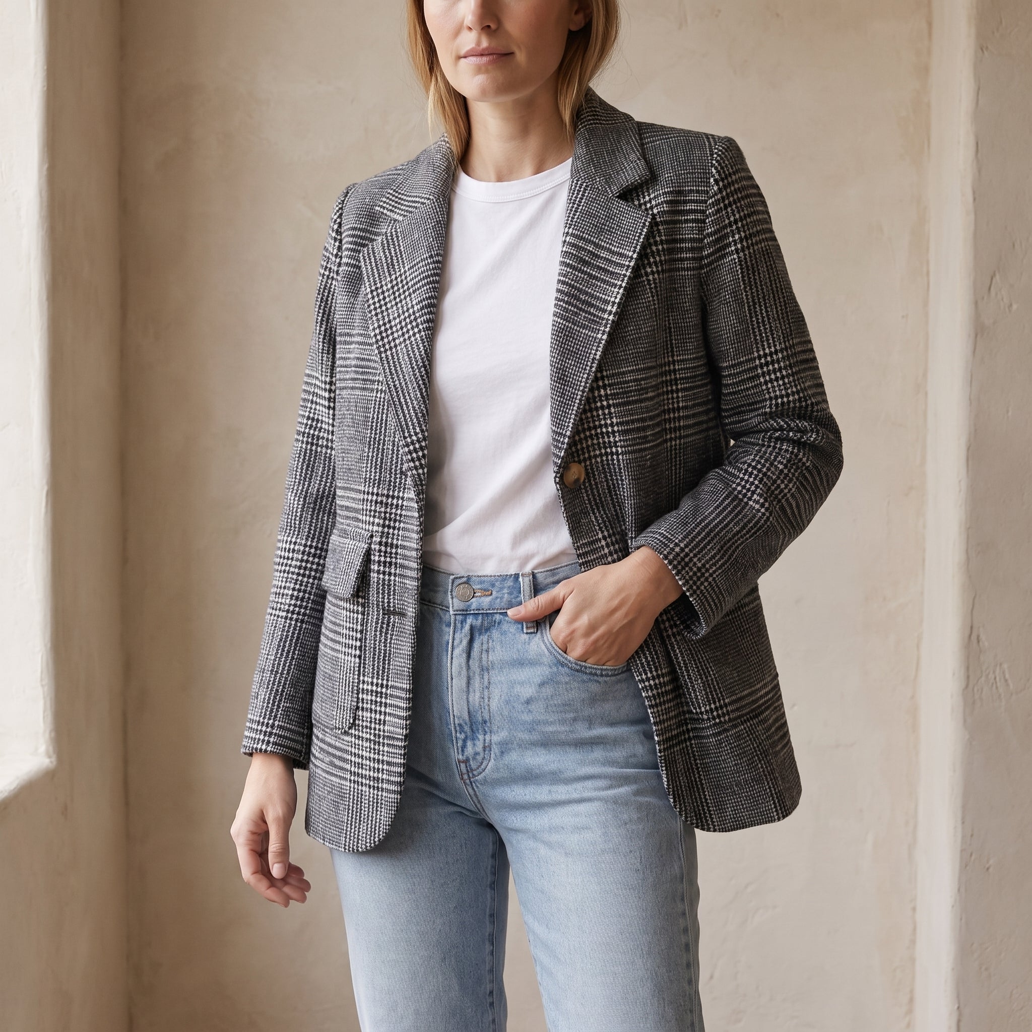 Sophie - Women's Double-Breasted Checked Blazer with Notch Lapel - Blazers - Black - Davies & Cooper