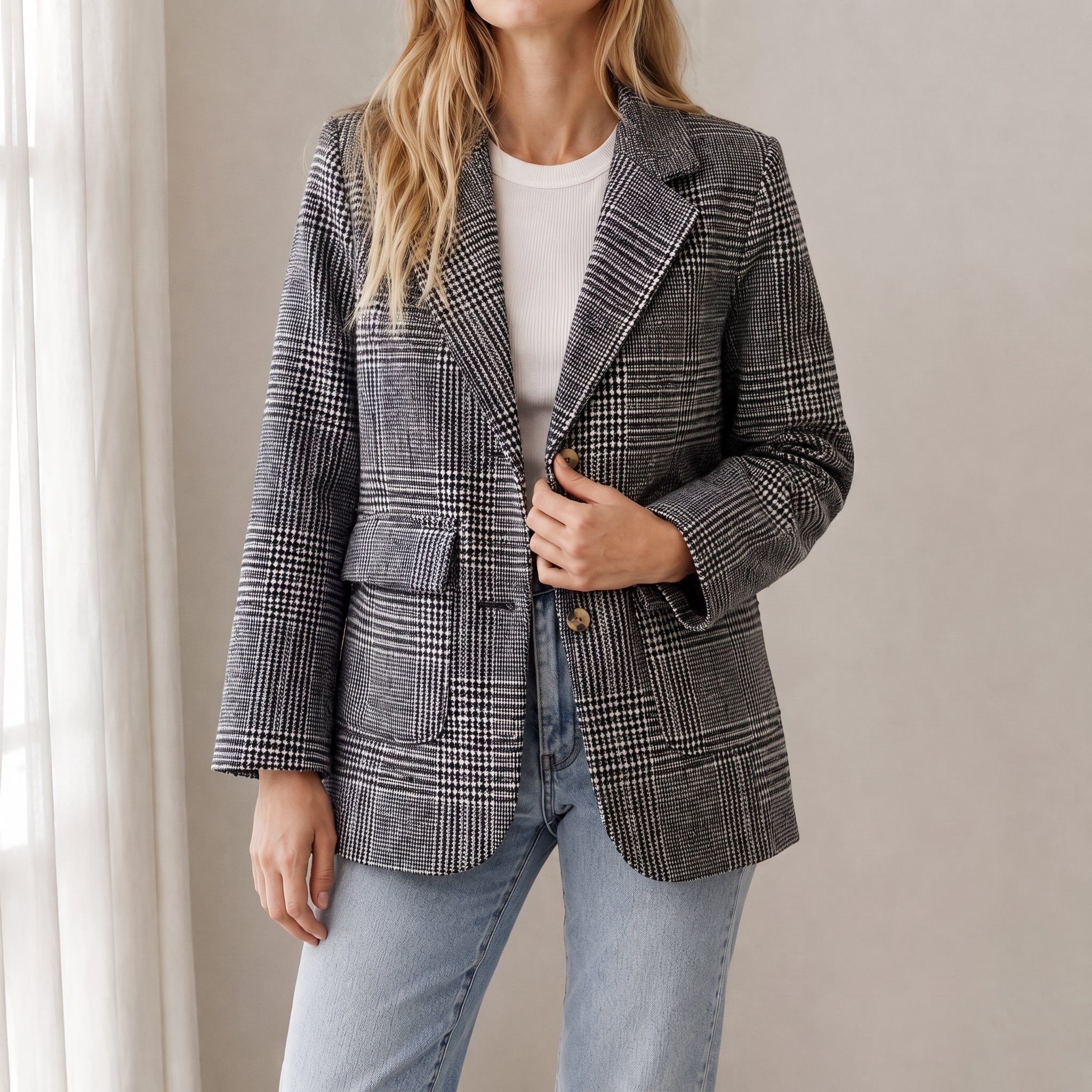 Sophie - Women's Double-Breasted Checked Blazer with Notch Lapel - Blazers - Black - Davies & Cooper