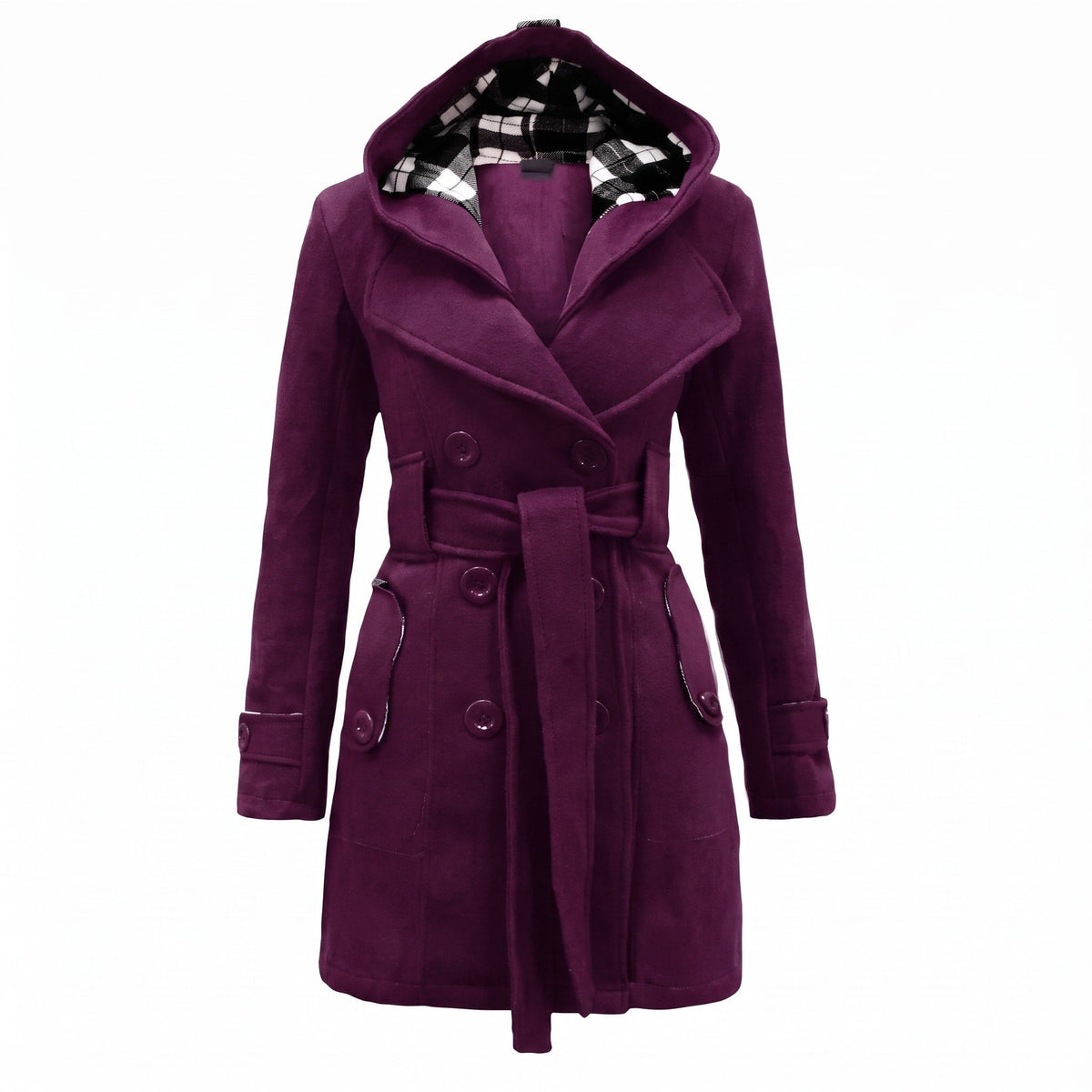 Sophie - Women's Double-Breasted Hooded Wool Coat with Belt - Trench Coats - Purple - Davies & Cooper