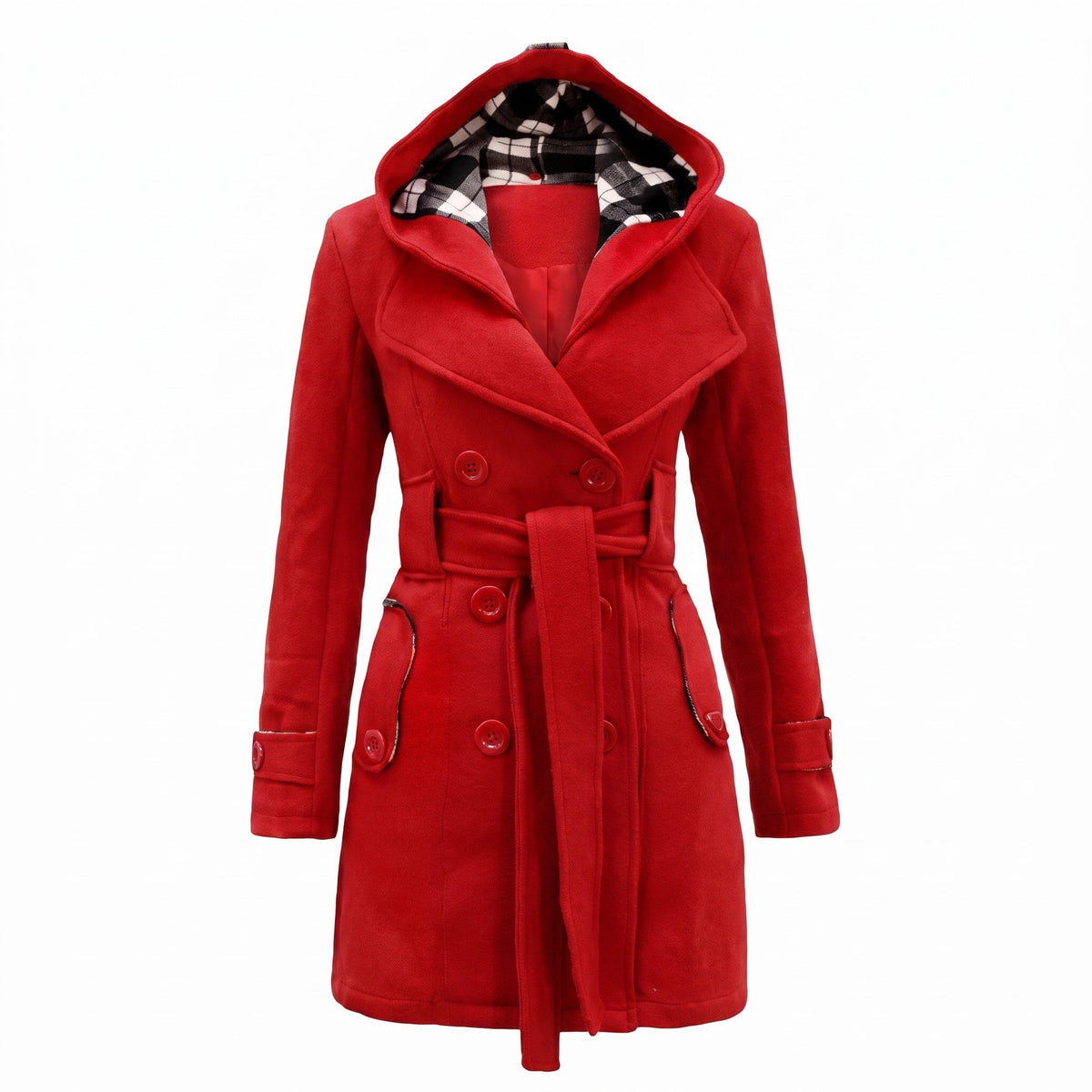 Sophie - Women's Double-Breasted Hooded Wool Coat with Belt - Trench Coats - Red - Davies & Cooper
