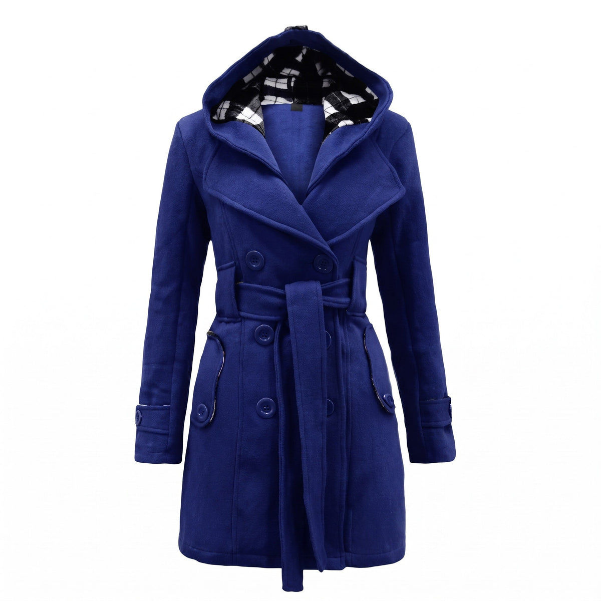 Sophie - Women's Double-Breasted Hooded Wool Coat with Belt - Trench Coats - Blue - Davies & Cooper