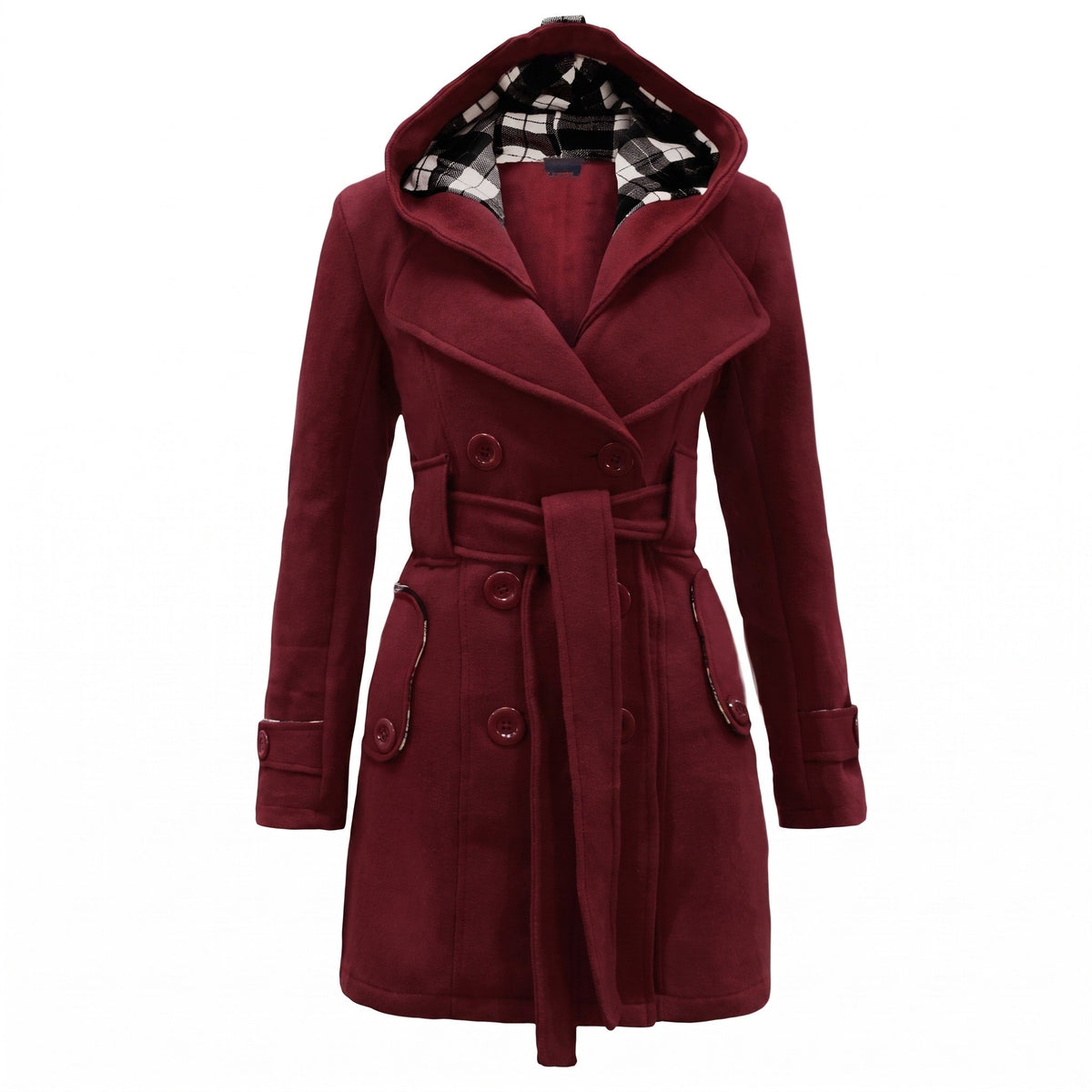 Sophie - Women's Double-Breasted Hooded Wool Coat with Belt - Trench Coats - Burgundy - Davies & Cooper