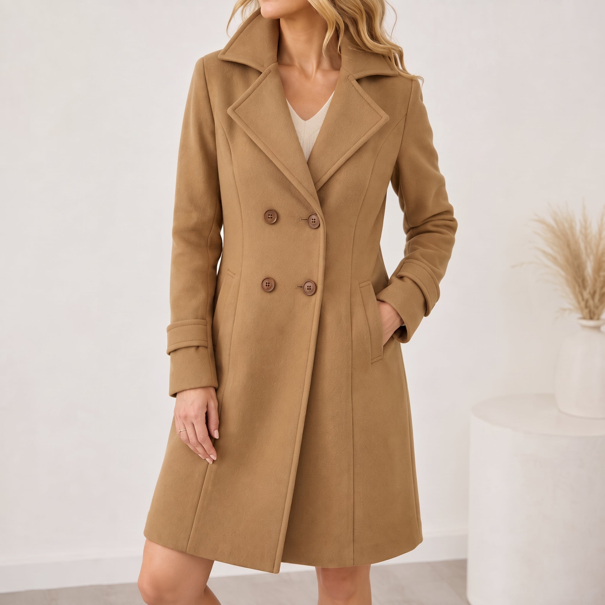 Sophie - Women's Double-Breasted Tailored Midi Coat - Overcoats - Brown - Davies & Cooper