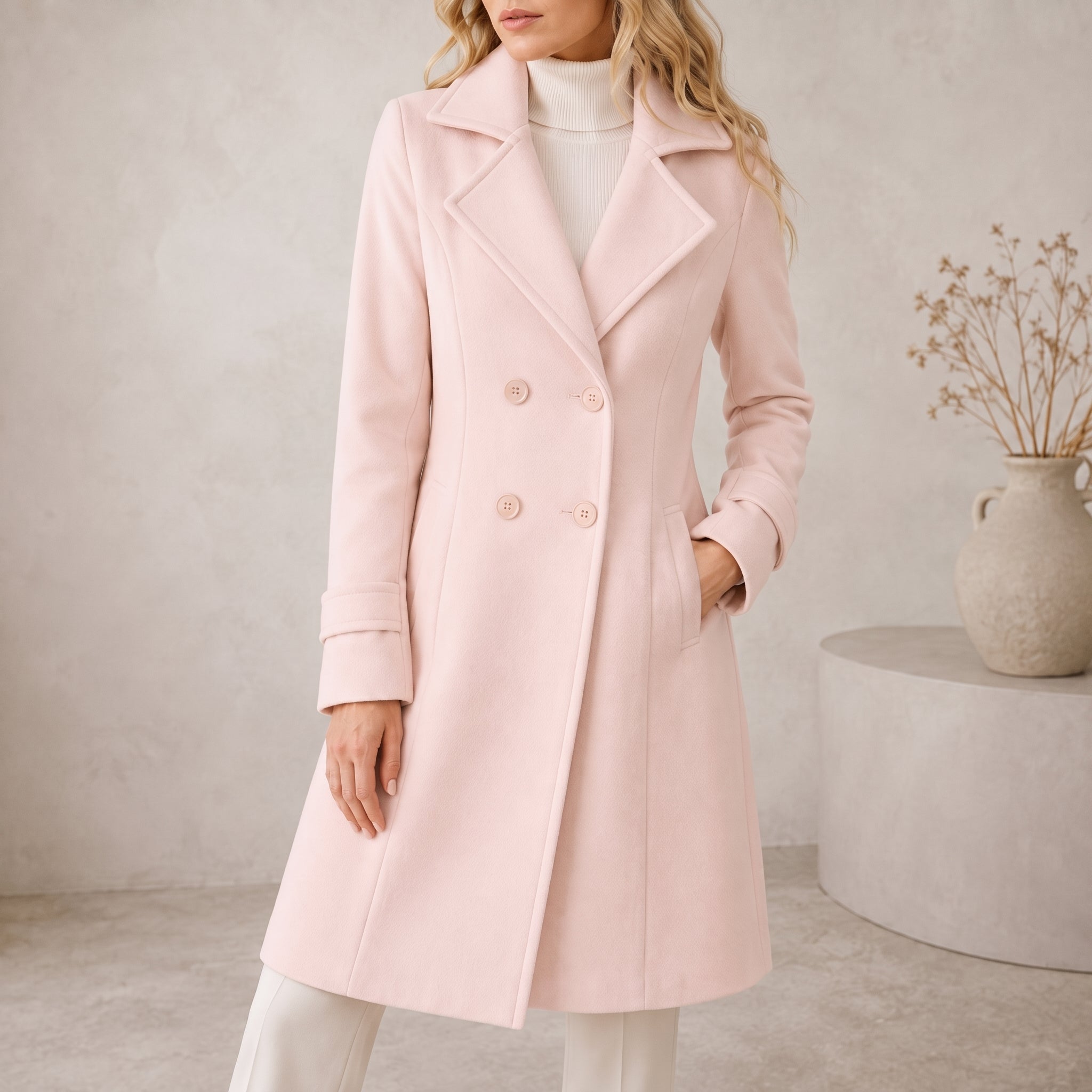 Sophie - Women's Double-Breasted Tailored Midi Coat - Overcoats - Light Pink - Davies & Cooper