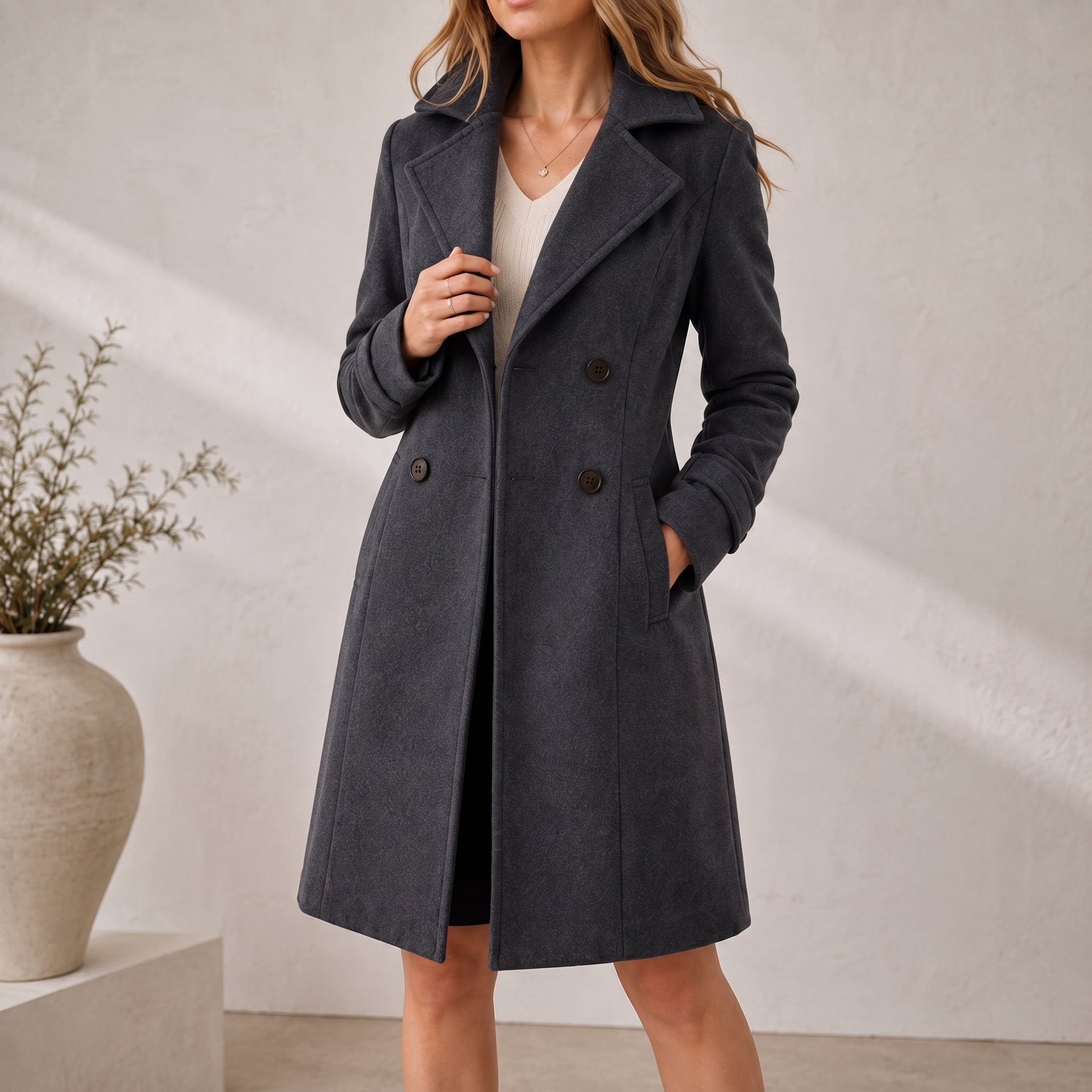 Sophie - Women's Double-Breasted Tailored Midi Coat - Overcoats - Dark Grey - Davies & Cooper