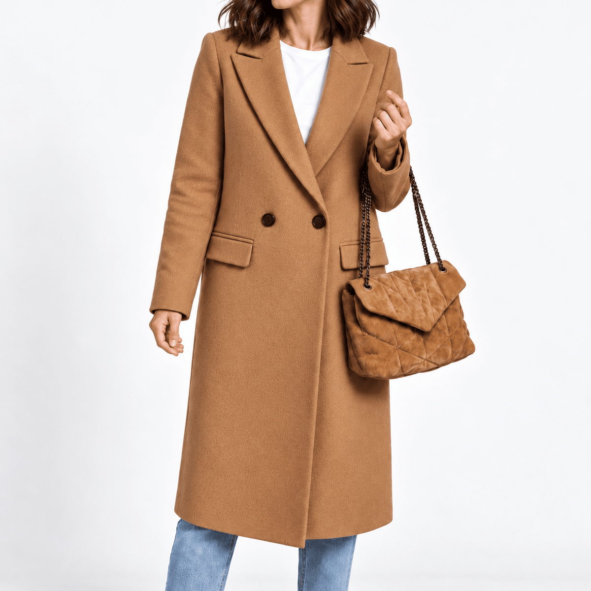 Sophie - Women's Double-Breasted Tailored Overcoat with Notch Lapel - Overcoats - Brown - Davies & Cooper