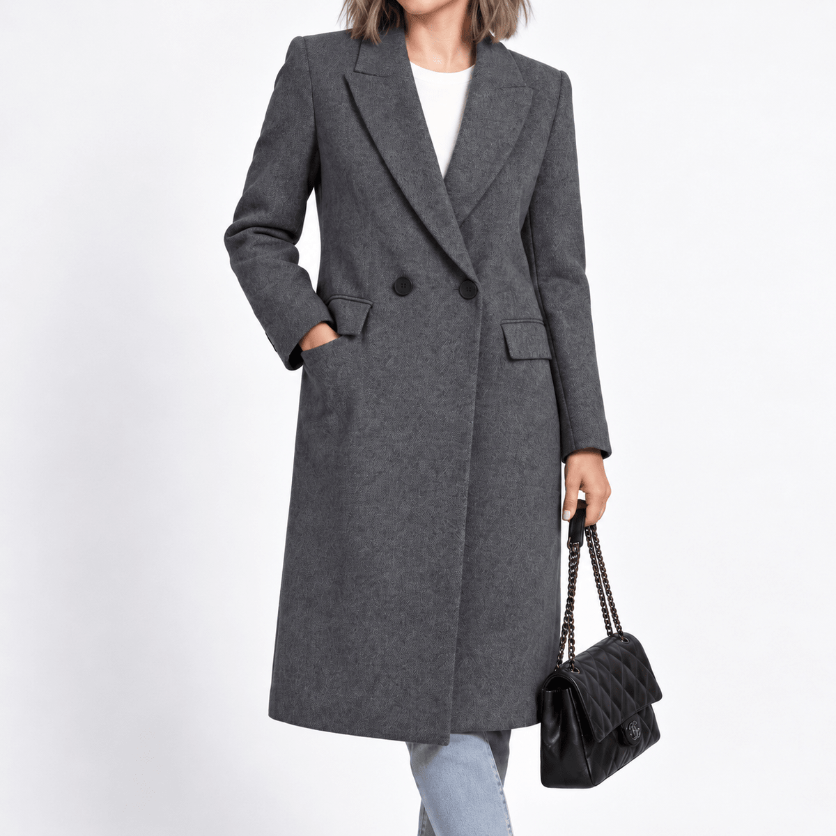 Sophie - Women's Double-Breasted Tailored Overcoat with Notch Lapel - Overcoats - Grey - Davies & Cooper