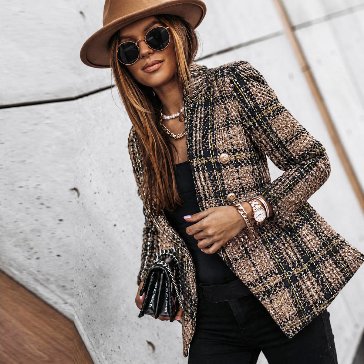 Sophie - Women's Double-Breasted Tailored Tweed Blazer - Blazers - Brown - Davies & Cooper