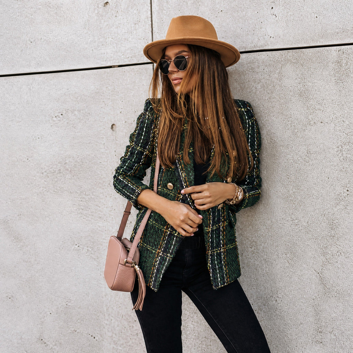 Sophie - Women's Double-Breasted Tailored Tweed Blazer - Blazers - Green - Davies & Cooper