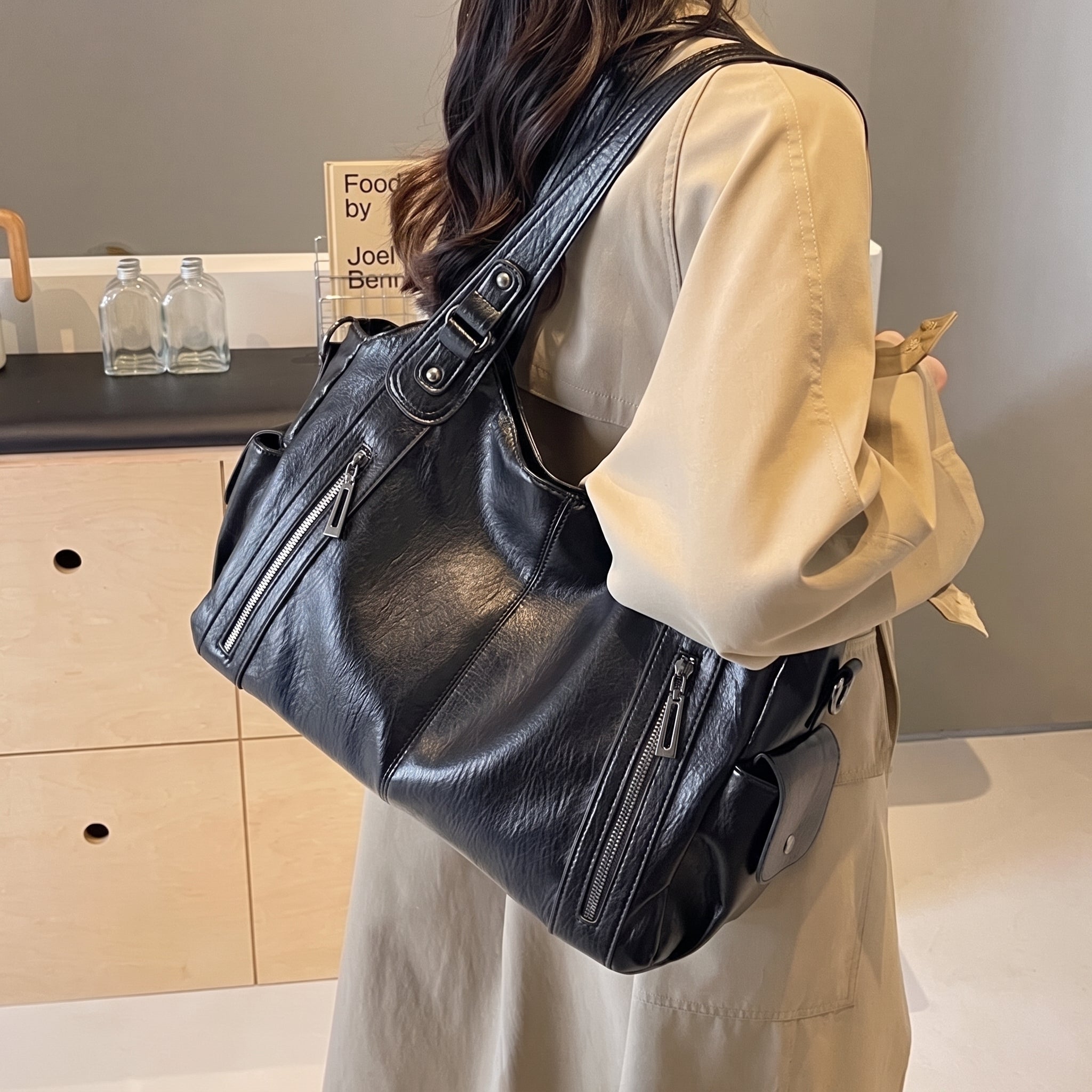 Sophie - Women's Dual Handles Shoulder Bag with Zip Pockets - Shoulder Bag - Black - Davies & Cooper
