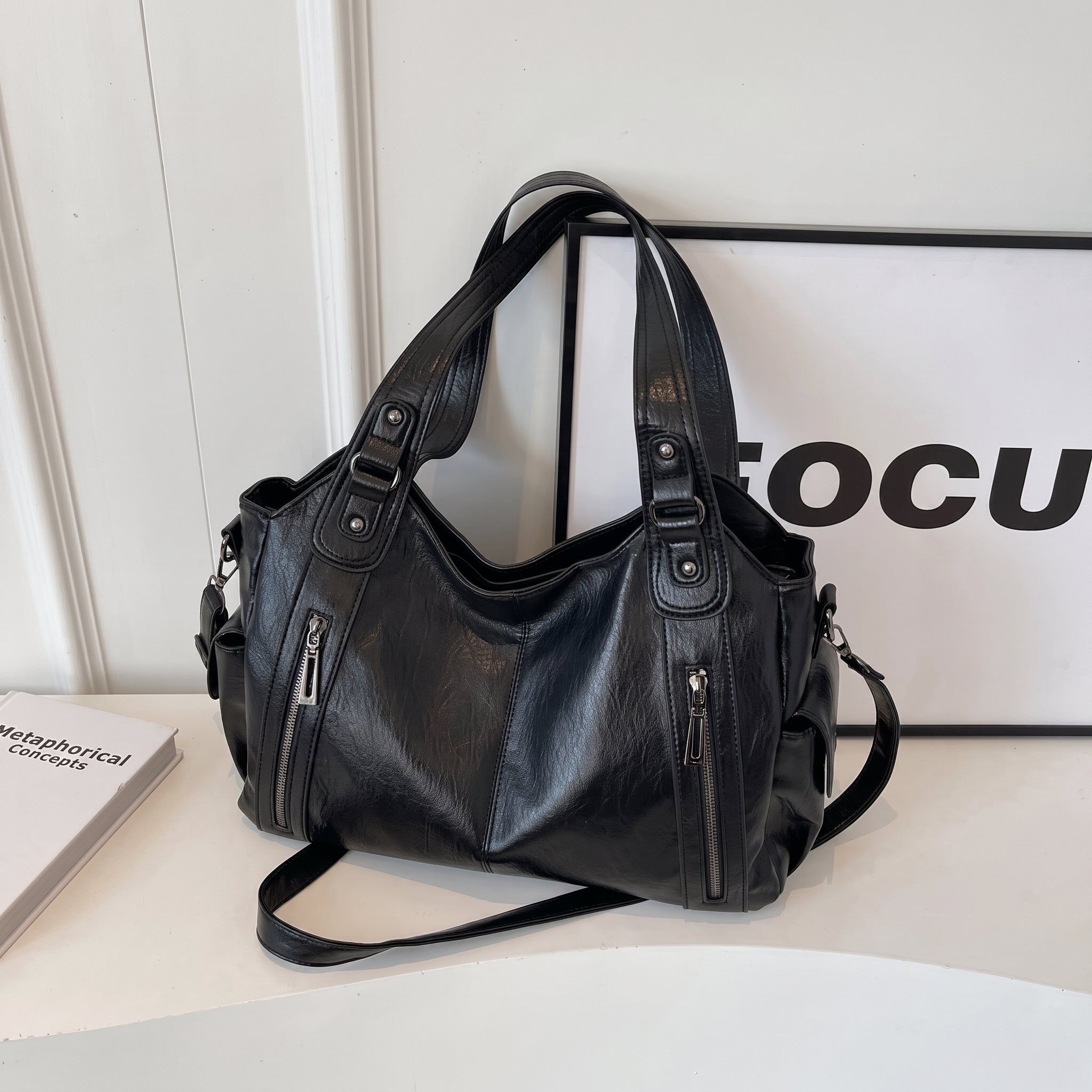 Sophie - Women's Dual Handles Shoulder Bag with Zip Pockets - Shoulder Bag - Black - Davies & Cooper