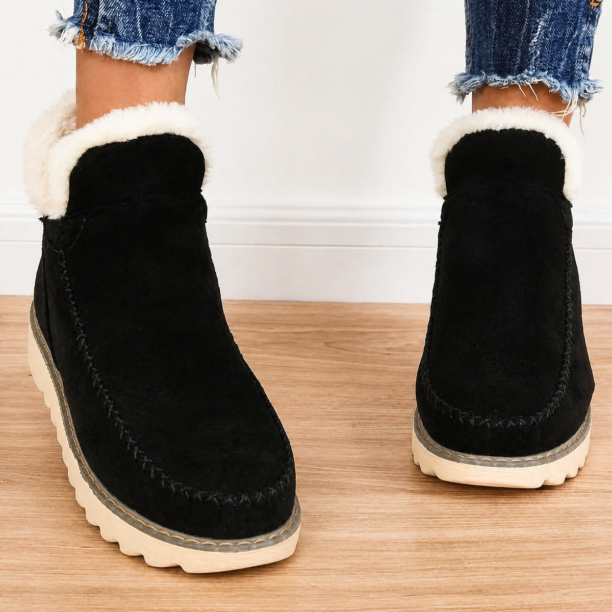 Sophie - Women's Faux Fur-Lined Ankle Boots with Thick Sole - Boots - Black - Davies & Cooper