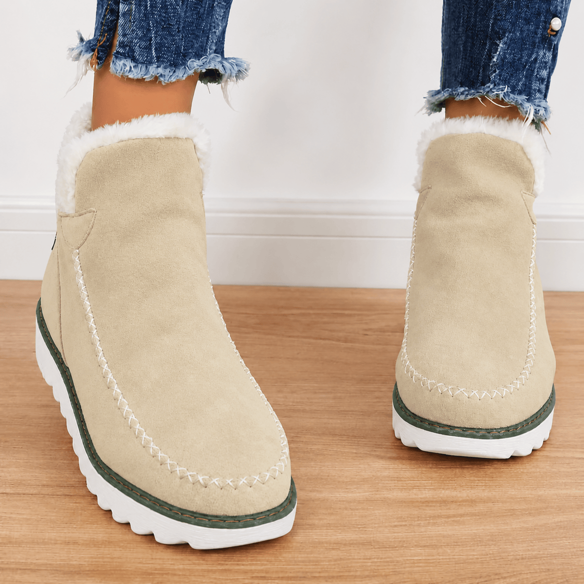 Sophie - Women's Faux Fur-Lined Ankle Boots with Thick Sole - Boots - Beige - Davies & Cooper