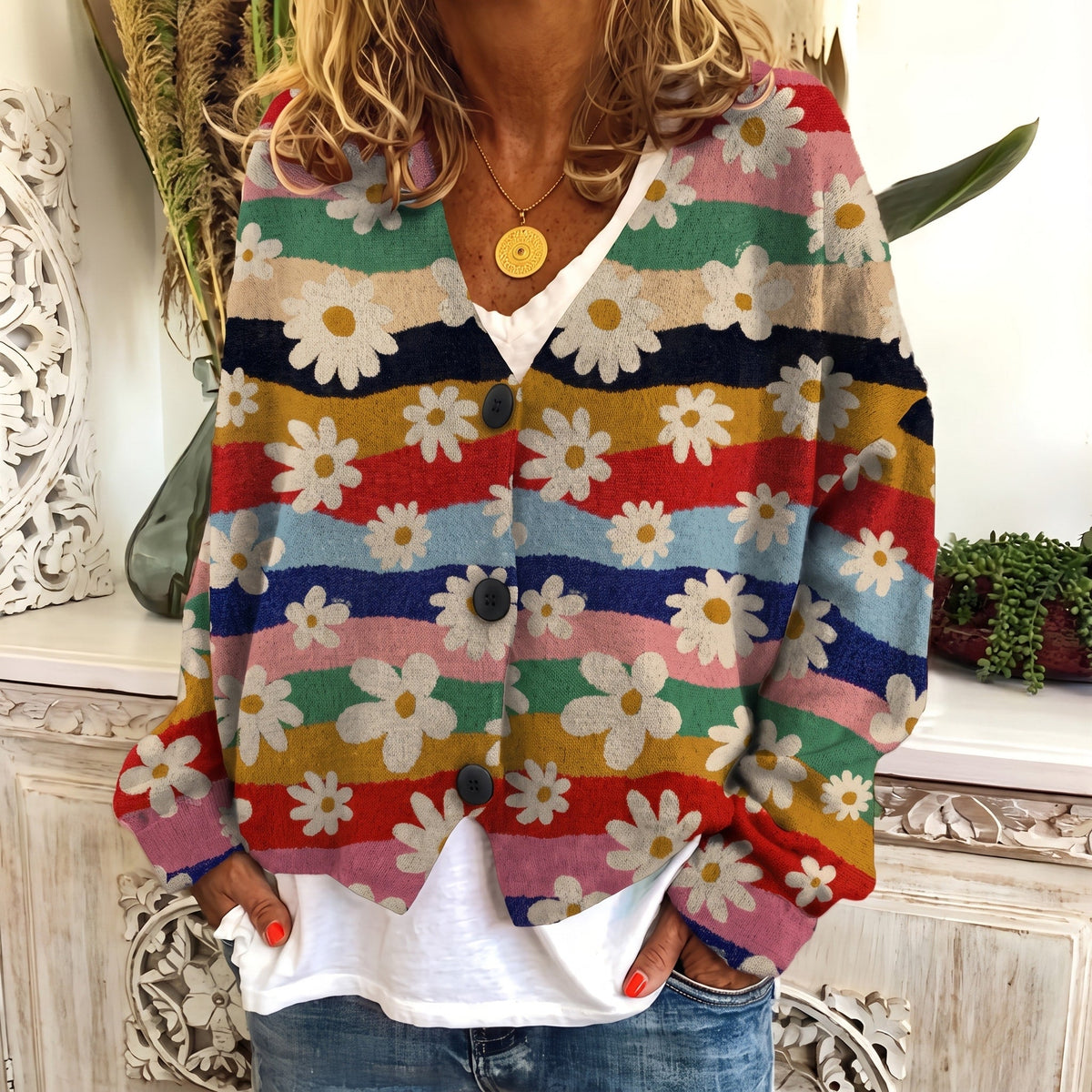 Sophie - Women's Floral Print Button-Front Cardigan - Cardigans - Purple - Davies & Cooper