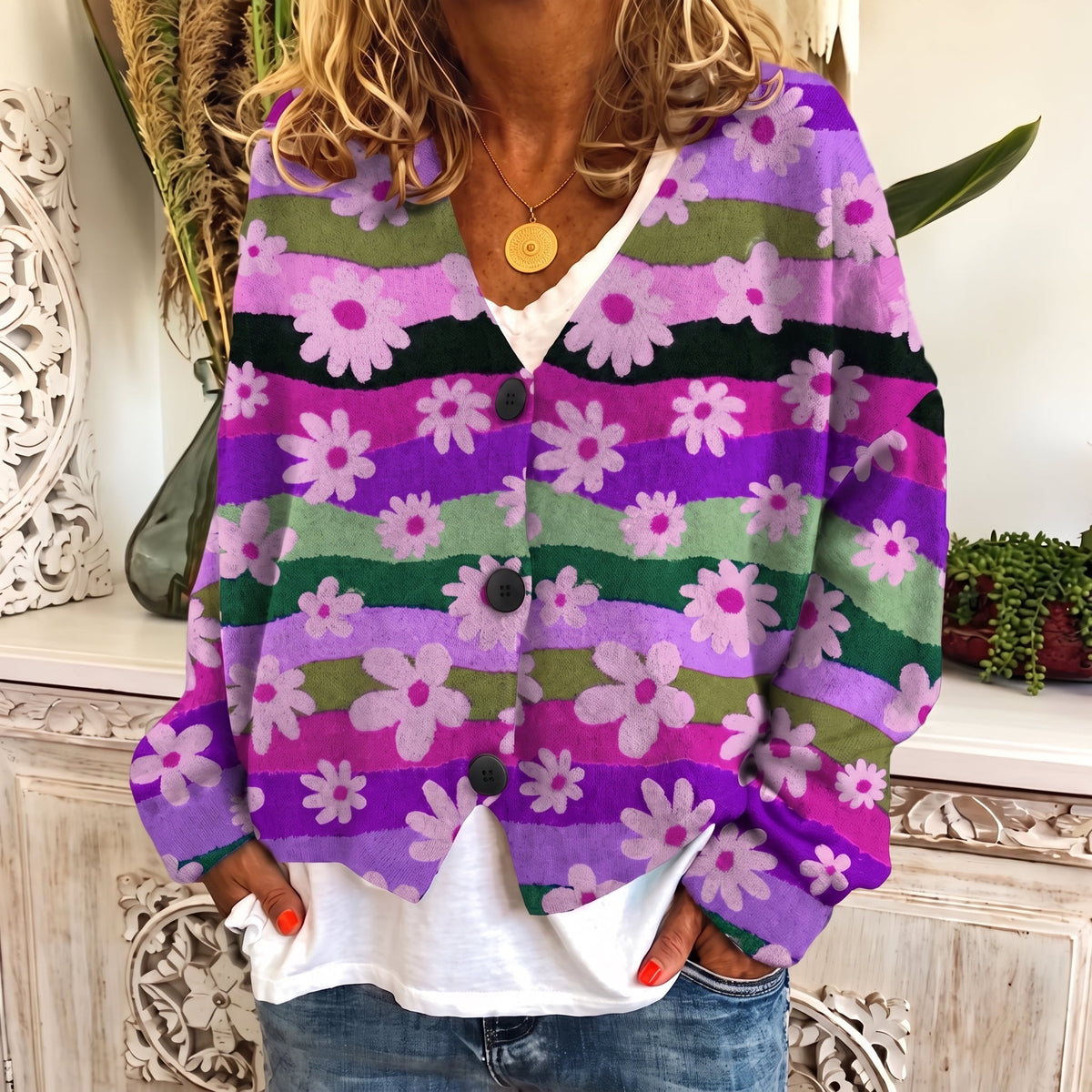Sophie - Women's Floral Print Button-Front Cardigan - Cardigans - Purple - Davies & Cooper