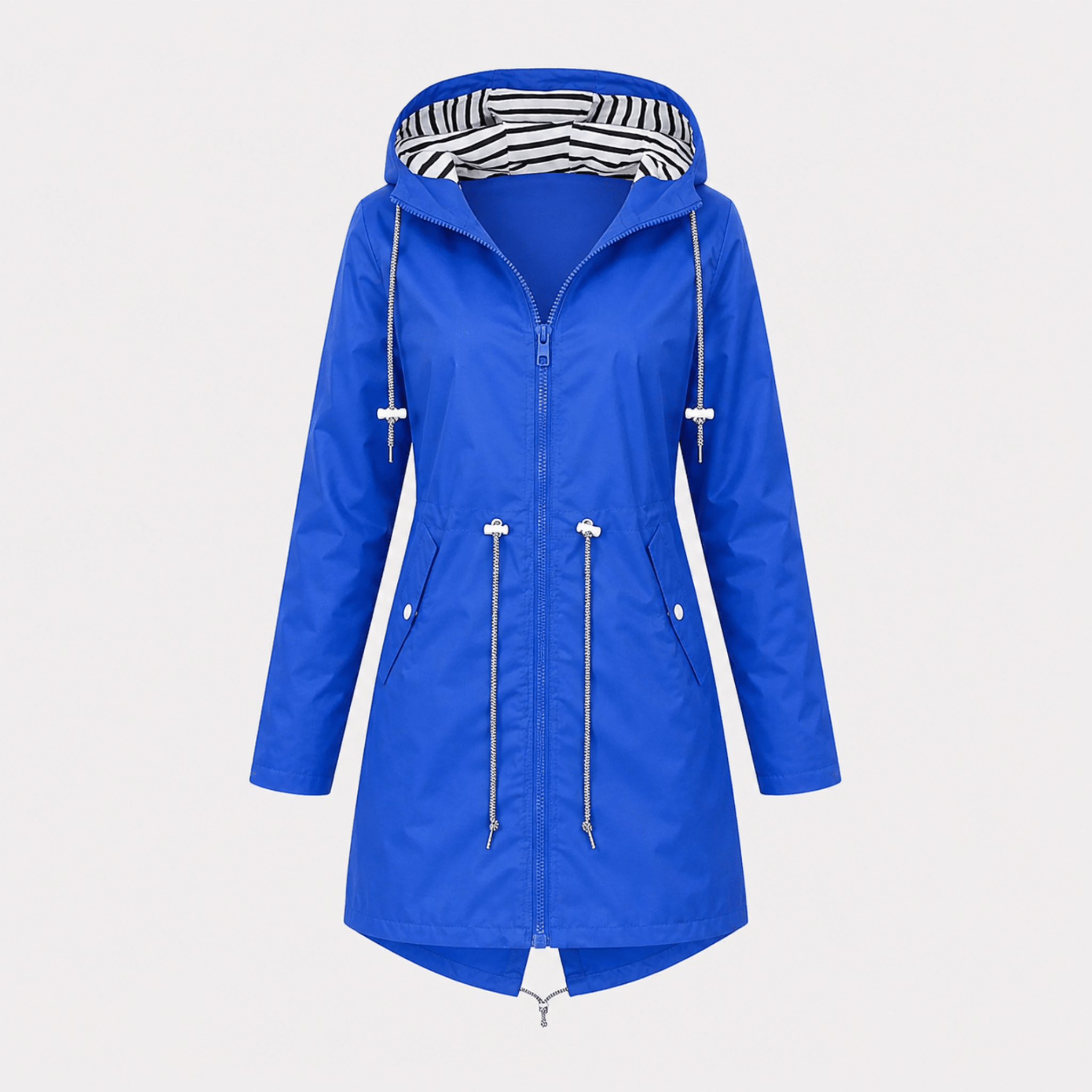 Sophie - Women's Hooded Longline Rain Jacket with Striped Lining - Rain Coat - Blue - Davies & Cooper