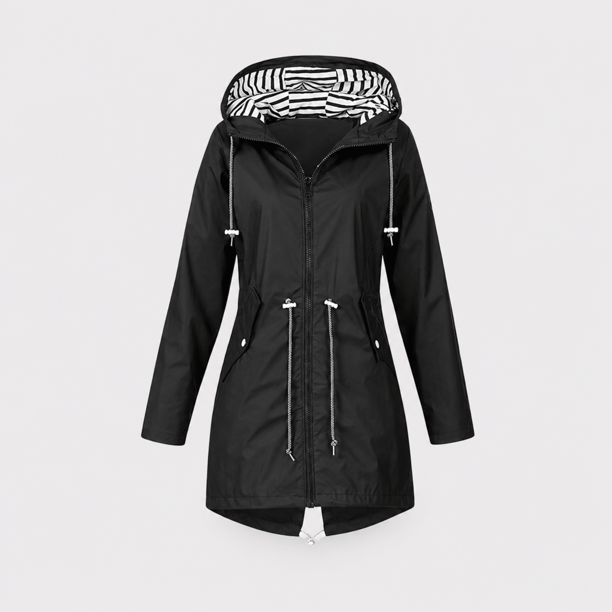 Sophie - Women's Hooded Longline Rain Jacket with Striped Lining - Rain Coat - Black - Davies & Cooper