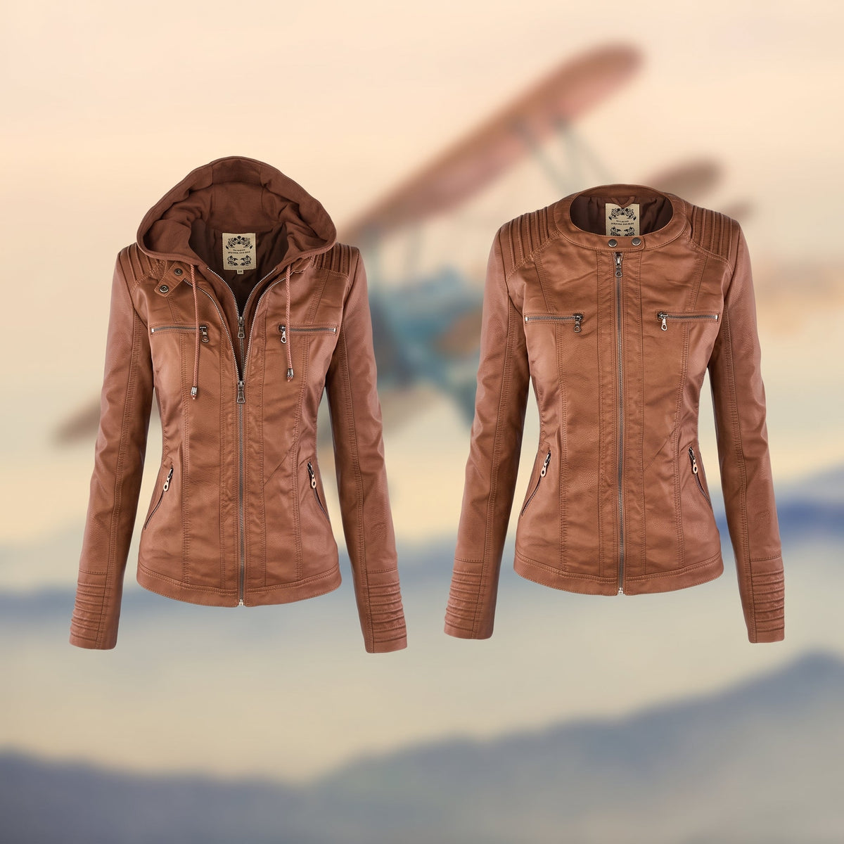 Sophie - Women's Hooded Zip-Up Biker Jacket - Motorcycle Outerwear - Brown - Davies & Cooper